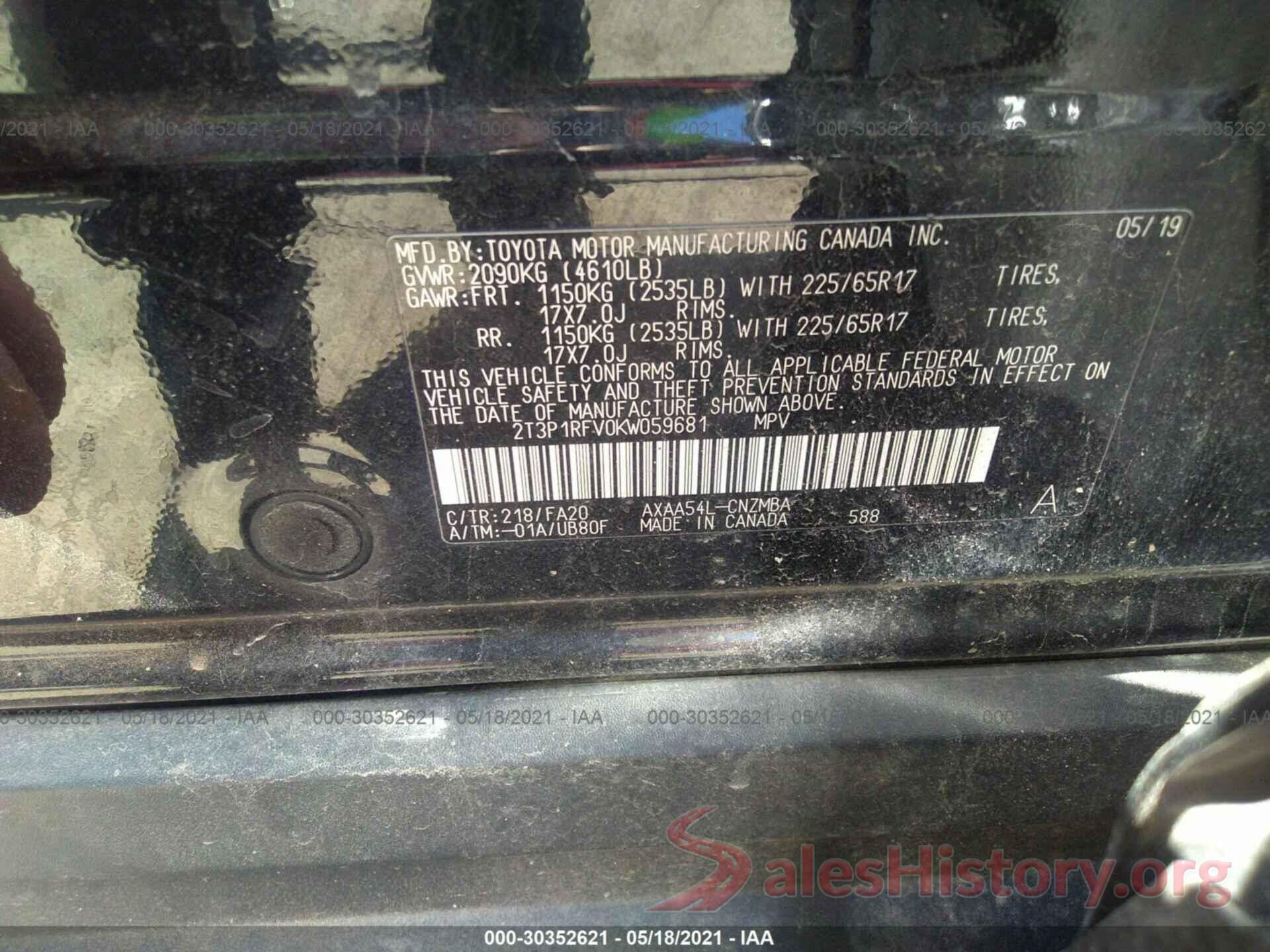 2T3P1RFV0KW059681 2019 TOYOTA RAV4