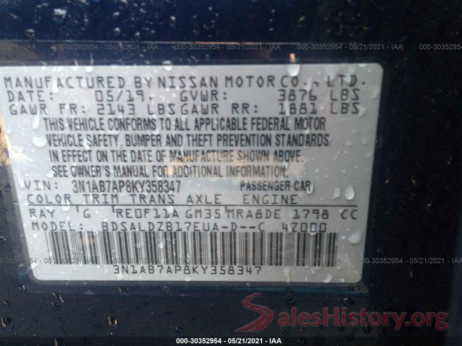 3N1AB7AP8KY358347 2019 NISSAN SENTRA