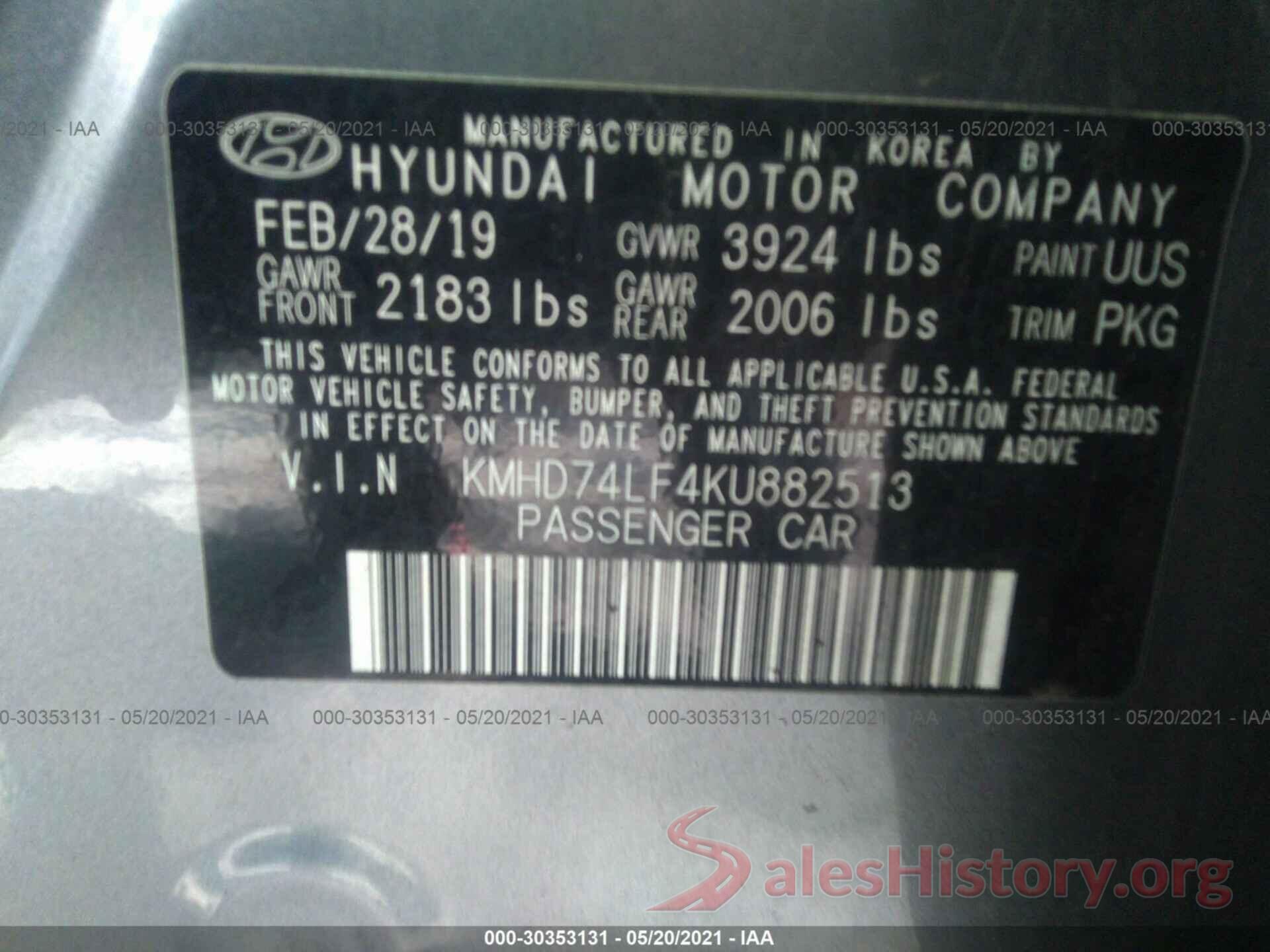 KMHD74LF4KU882513 2019 HYUNDAI ELANTRA