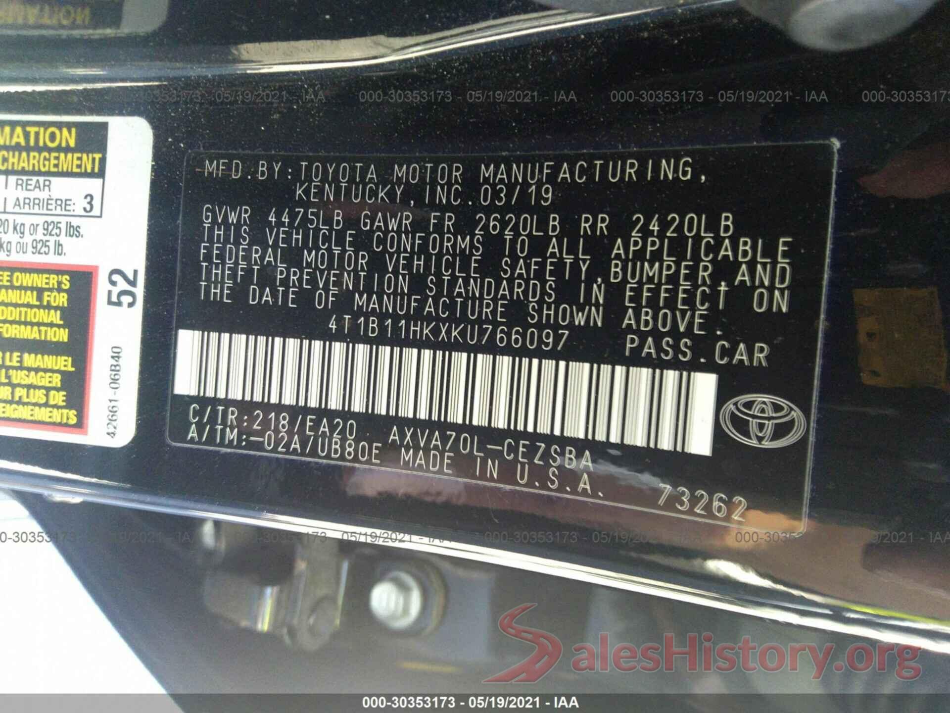 4T1B11HKXKU766097 2019 TOYOTA CAMRY