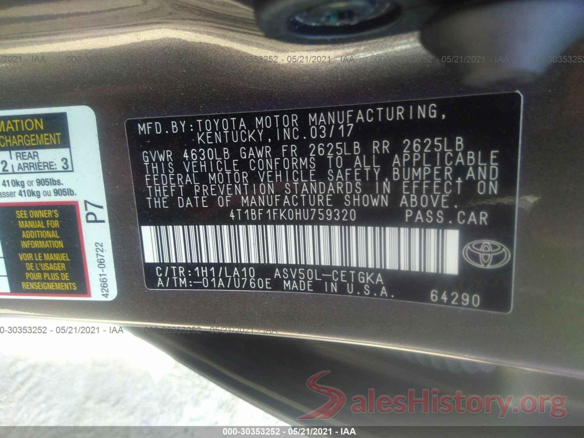 4T1BF1FK0HU759320 2017 TOYOTA CAMRY