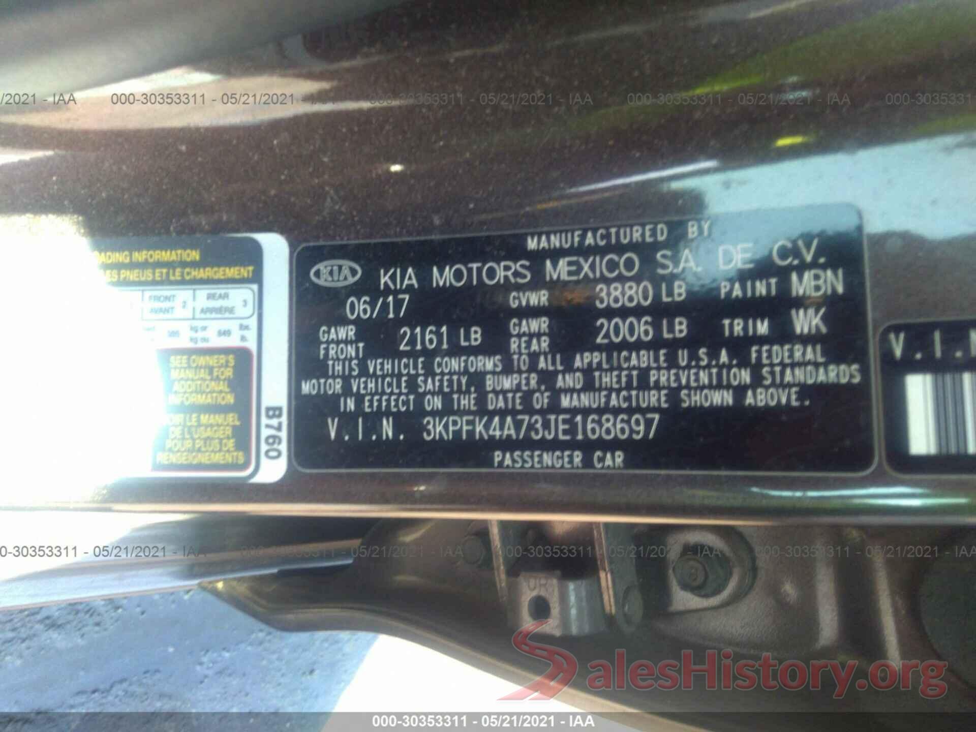 3KPFK4A73JE168697 2018 KIA FORTE