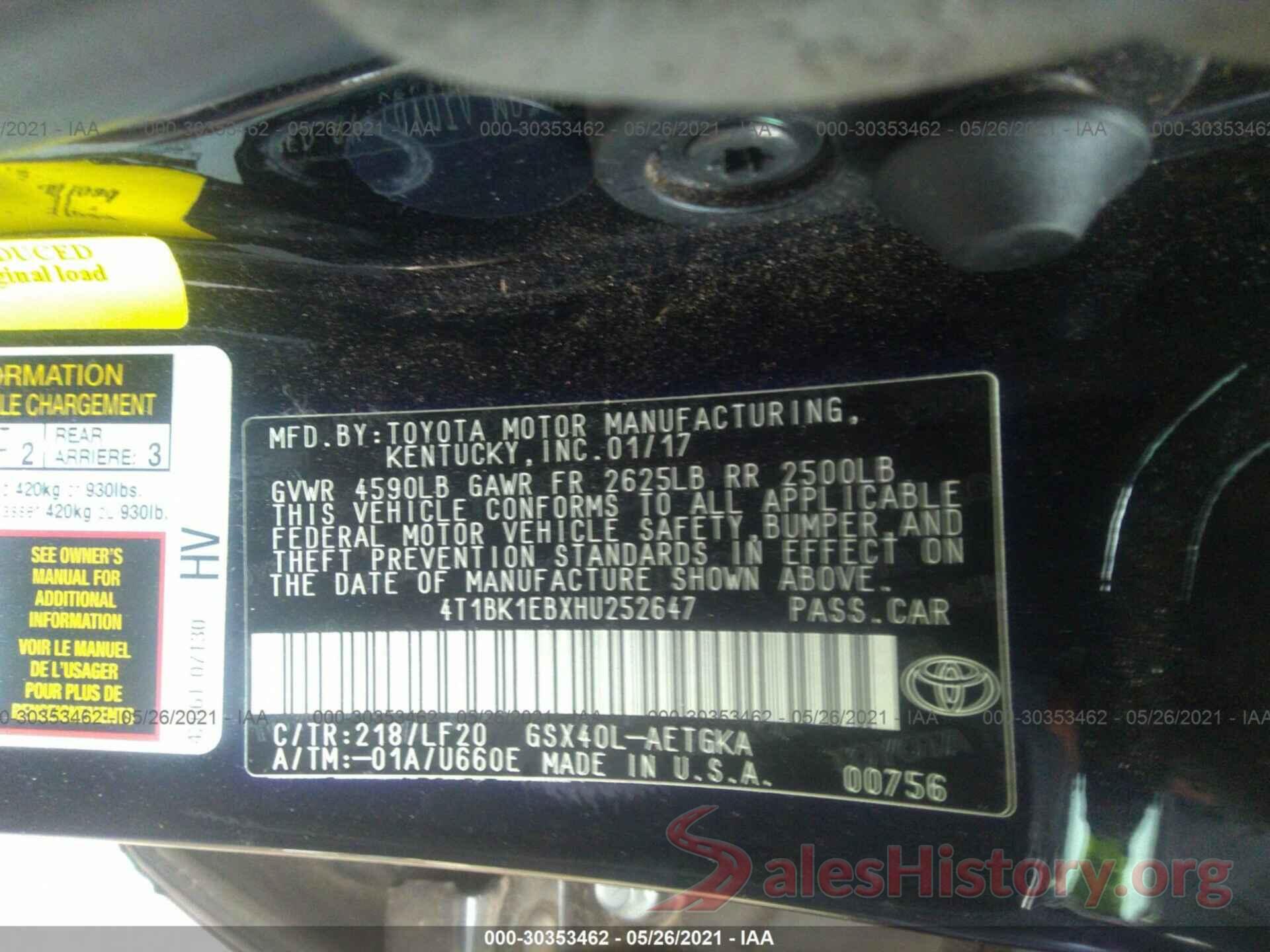 4T1BK1EBXHU252647 2017 TOYOTA AVALON