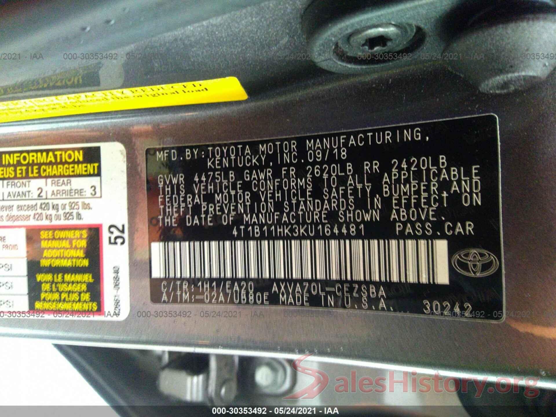 4T1B11HK3KU164481 2019 TOYOTA CAMRY