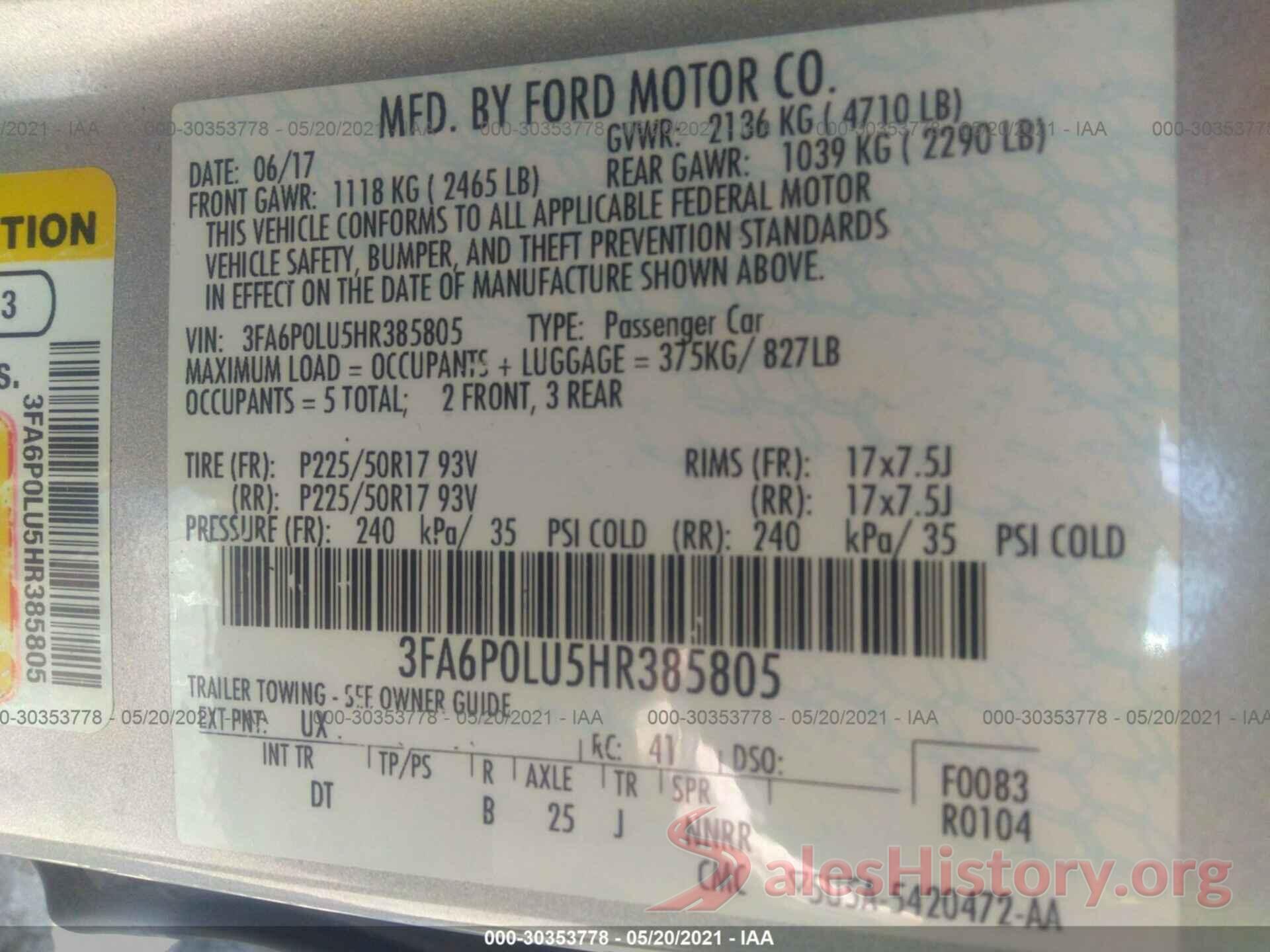 3FA6P0LU5HR385805 2017 FORD FUSION