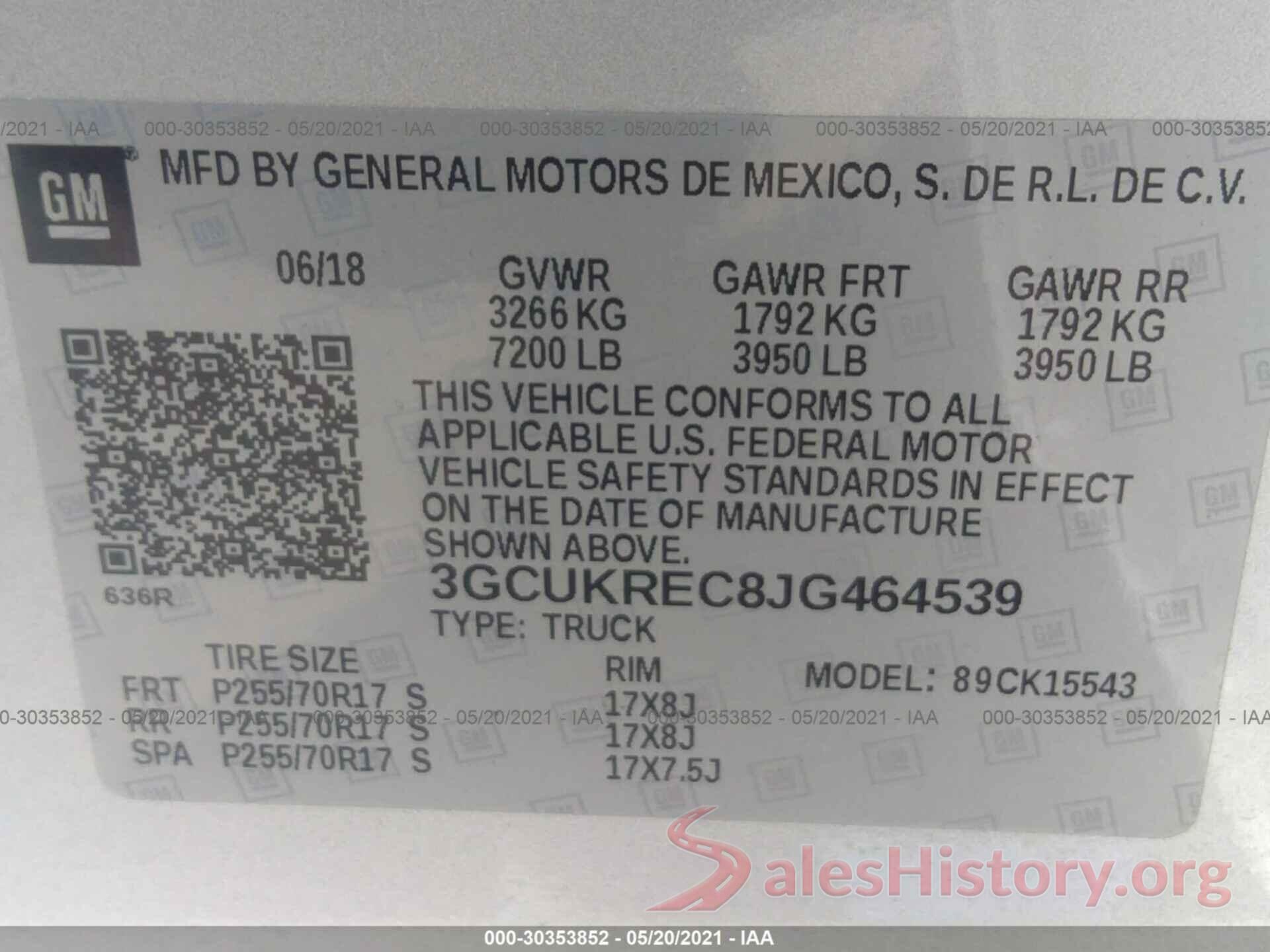 3GCUKREC8JG464539 2018 CHEVROLET SILVERADO 1500