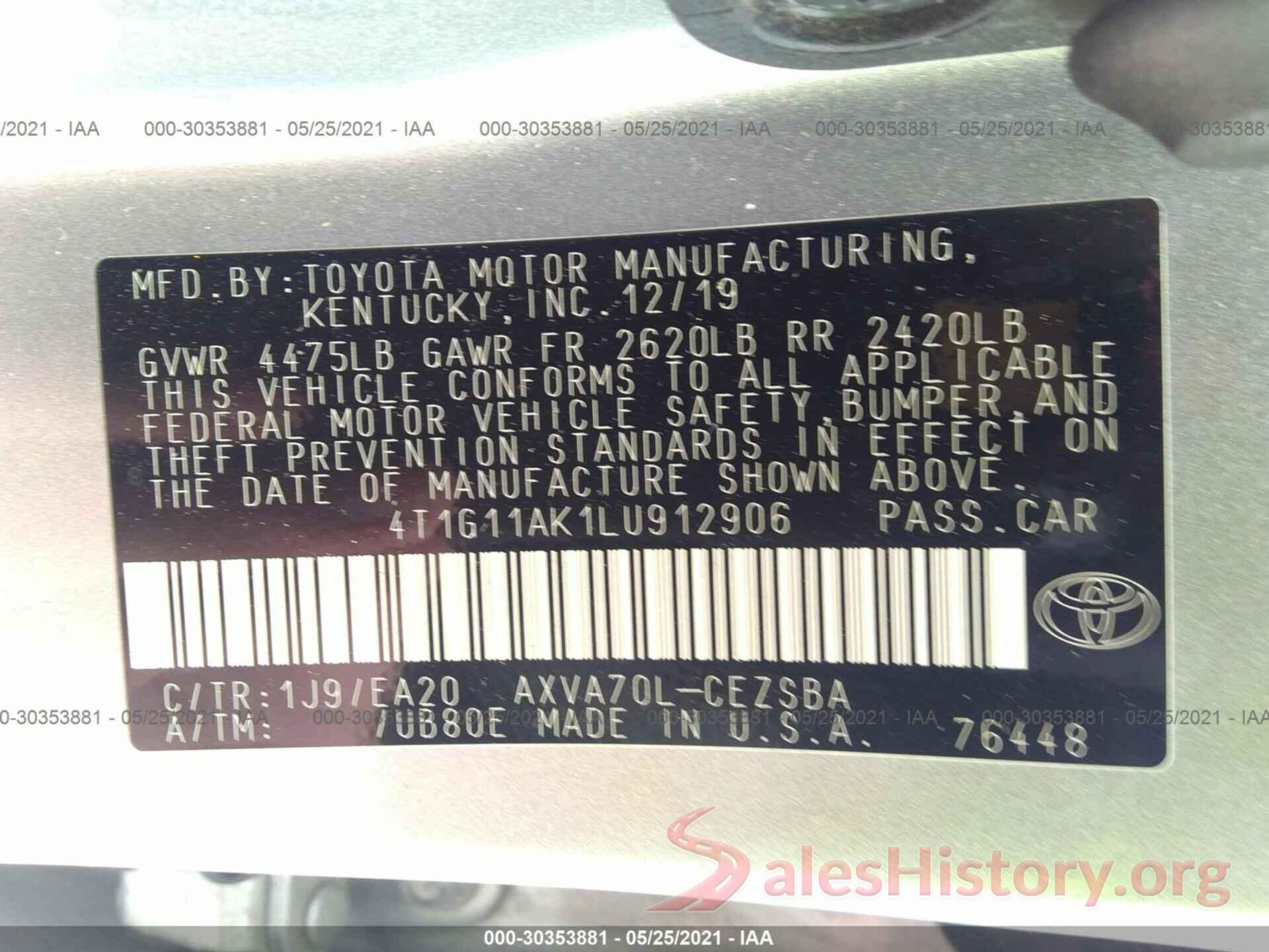 4T1G11AK1LU912906 2020 TOYOTA CAMRY