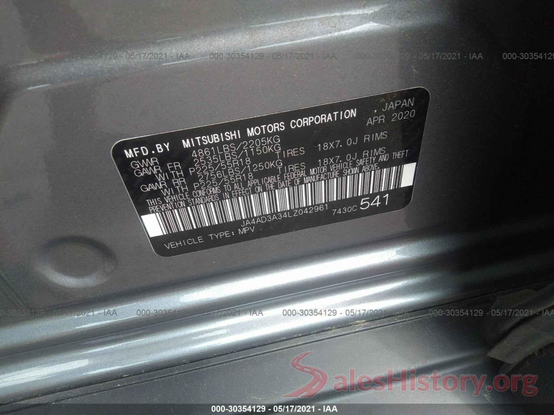 JA4AD3A34LZ042961 2020 MITSUBISHI OUTLANDER