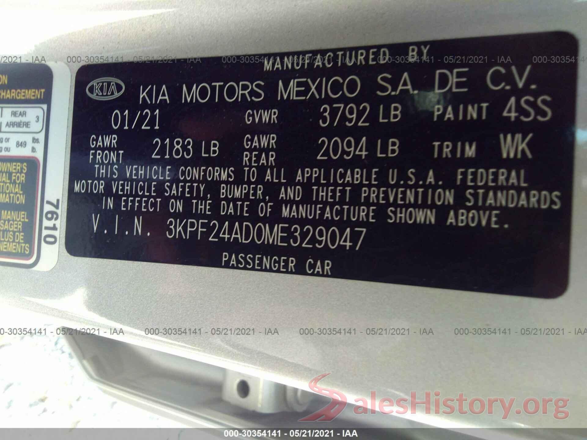 3KPF24AD0ME329047 2021 KIA FORTE