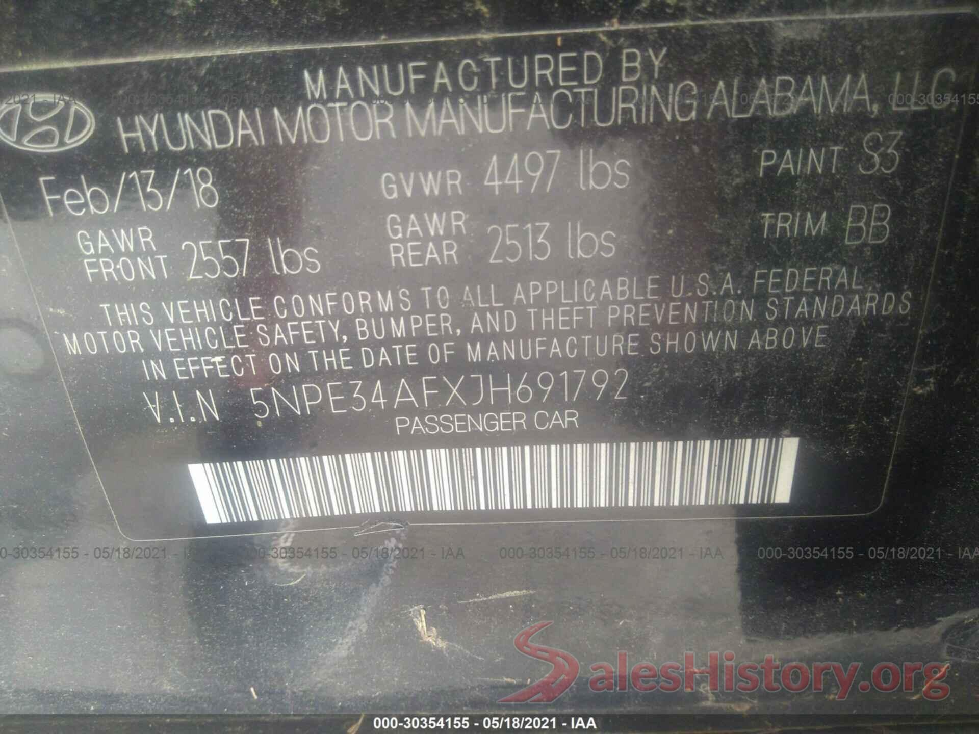 5NPE34AFXJH691792 2018 HYUNDAI SONATA