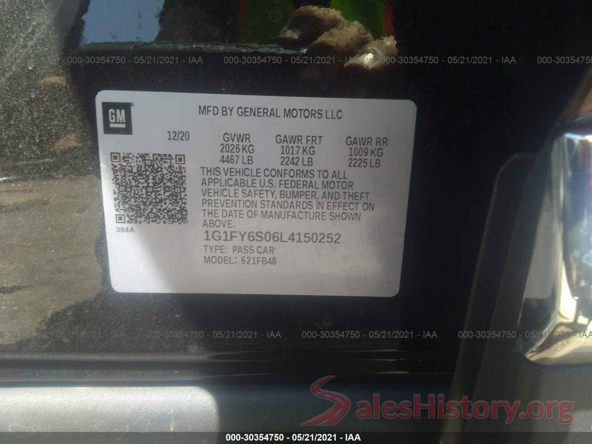 1G1FY6S06L4150252 2020 CHEVROLET BOLT EV