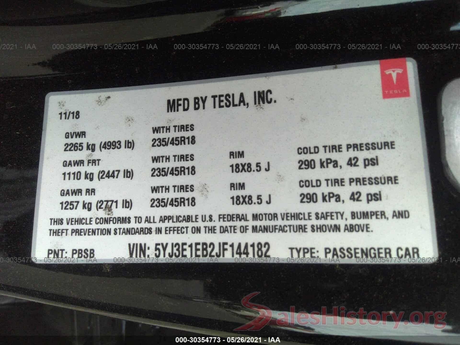 5YJ3E1EB2JF144182 2018 TESLA MODEL 3