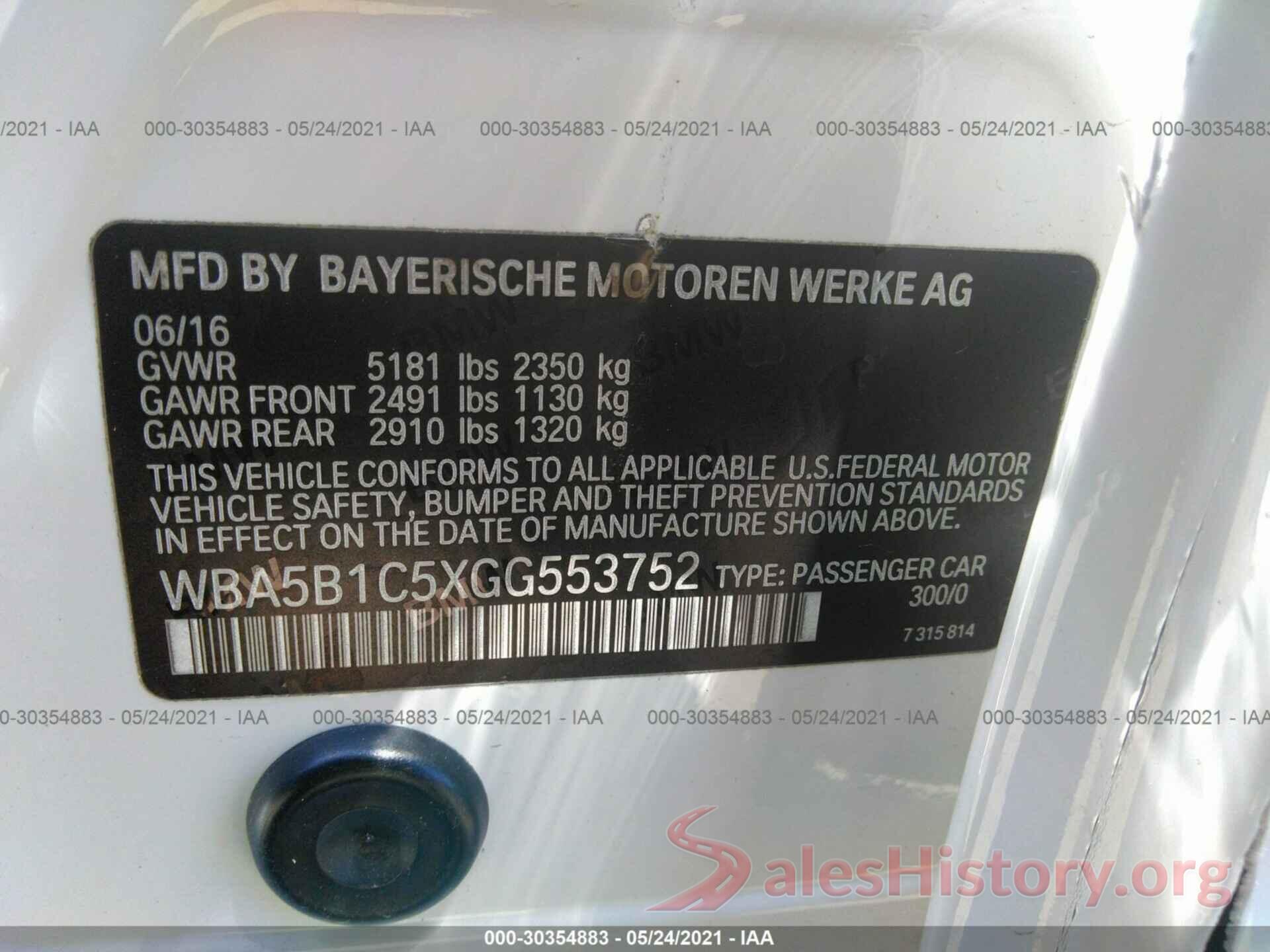 WBA5B1C5XGG553752 2016 BMW 5 SERIES