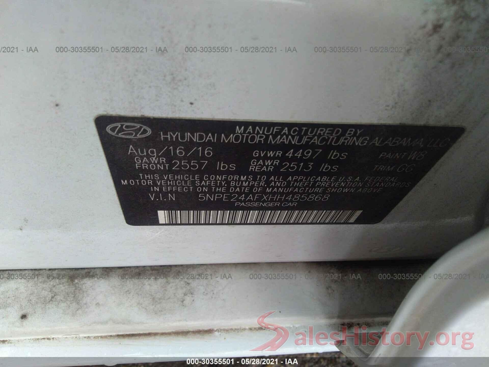 5NPE24AFXHH485868 2017 HYUNDAI SONATA