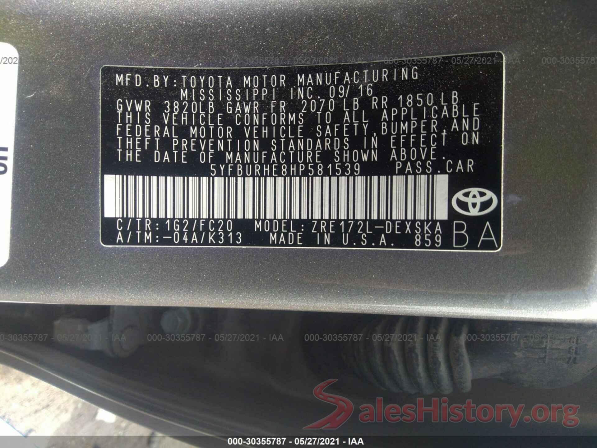 5YFBURHE8HP581539 2017 TOYOTA COROLLA