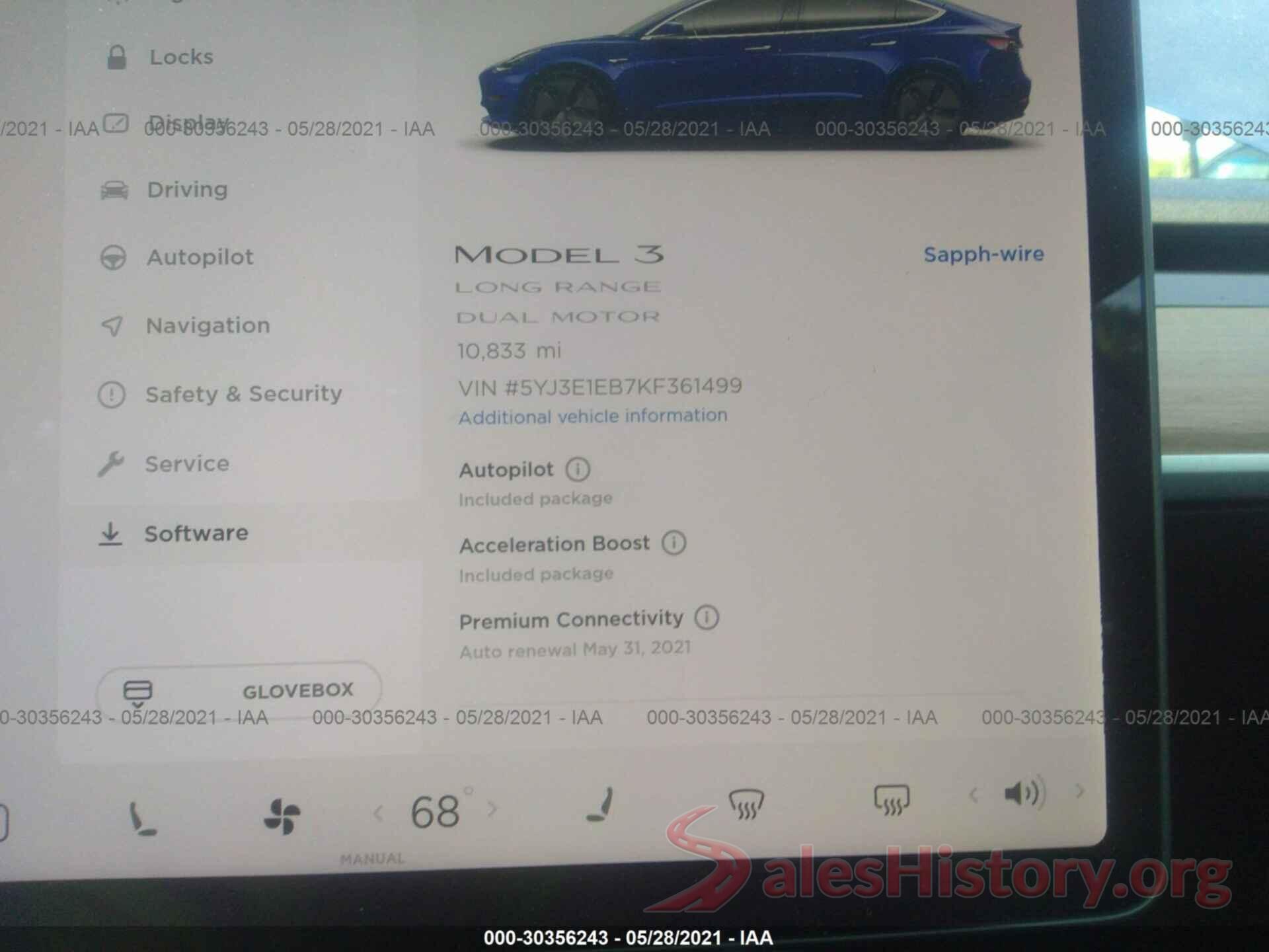 5YJ3E1EB7KF361499 2019 TESLA MODEL 3