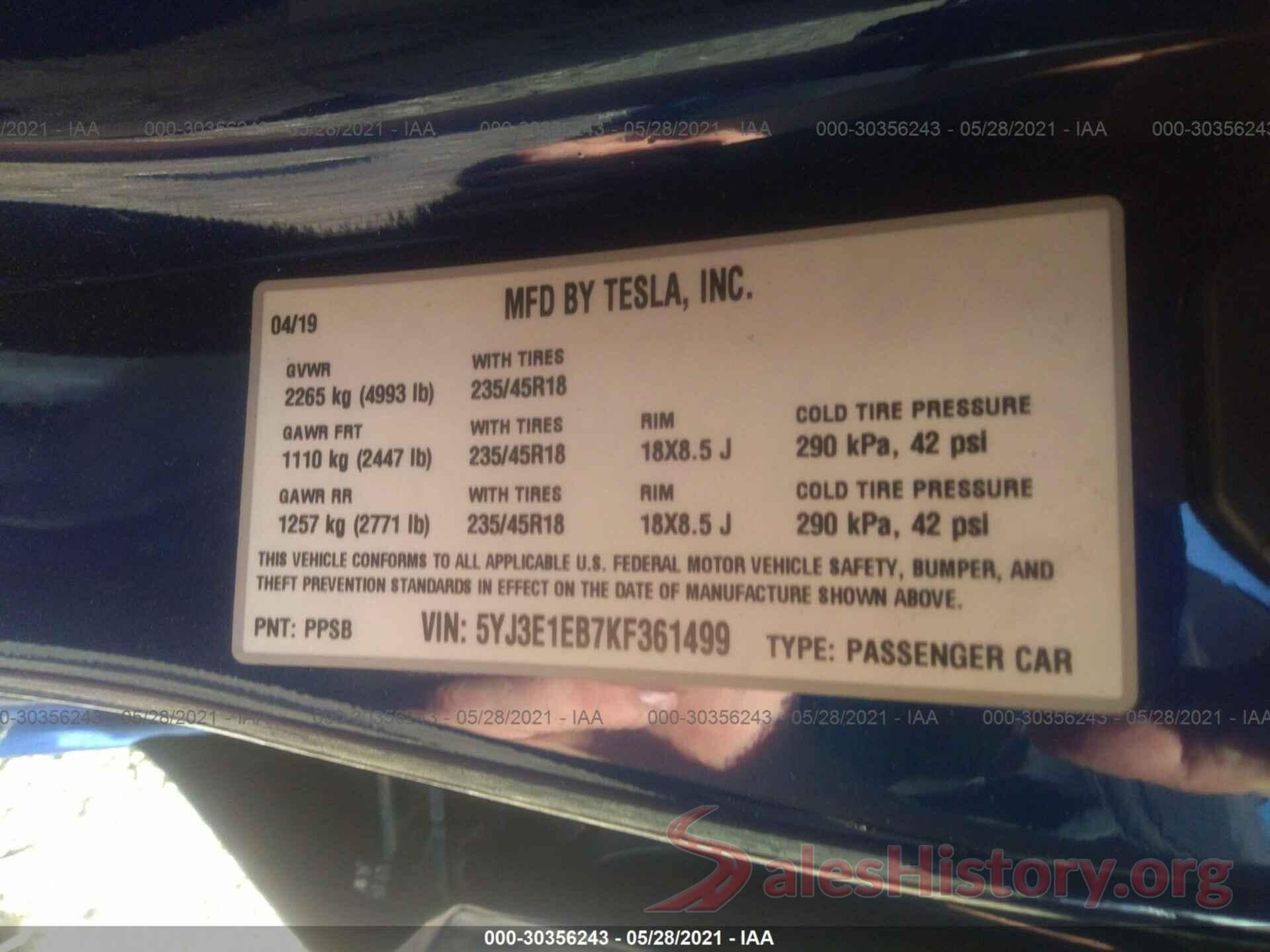 5YJ3E1EB7KF361499 2019 TESLA MODEL 3