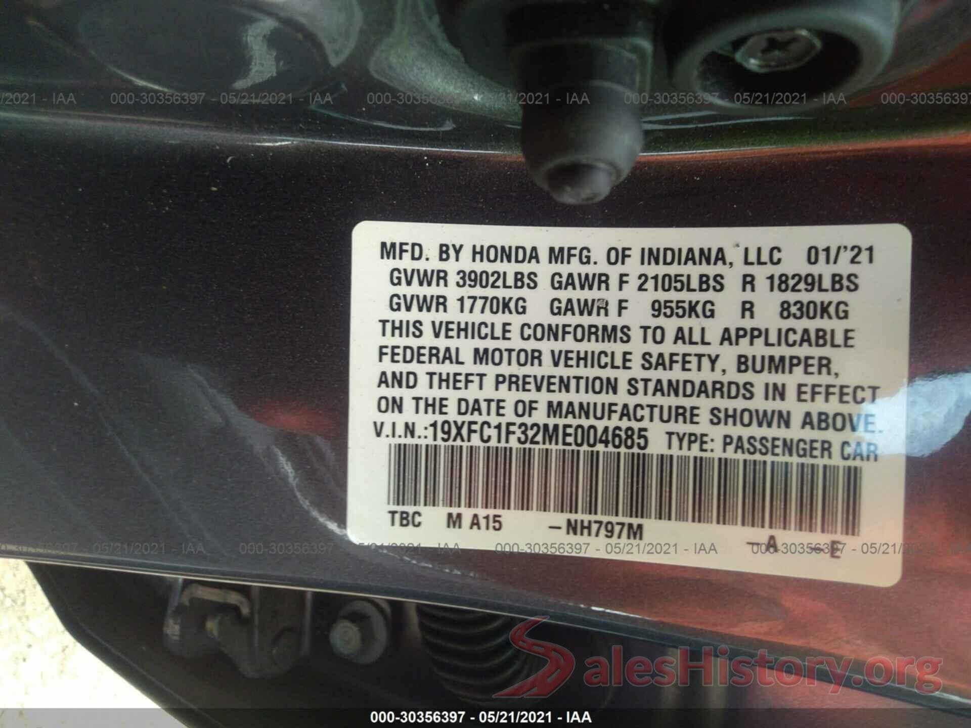 19XFC1F32ME004685 2021 HONDA CIVIC SEDAN