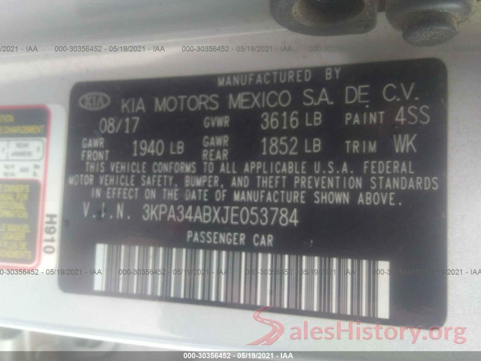 3KPA34ABXJE053784 2018 KIA RIO