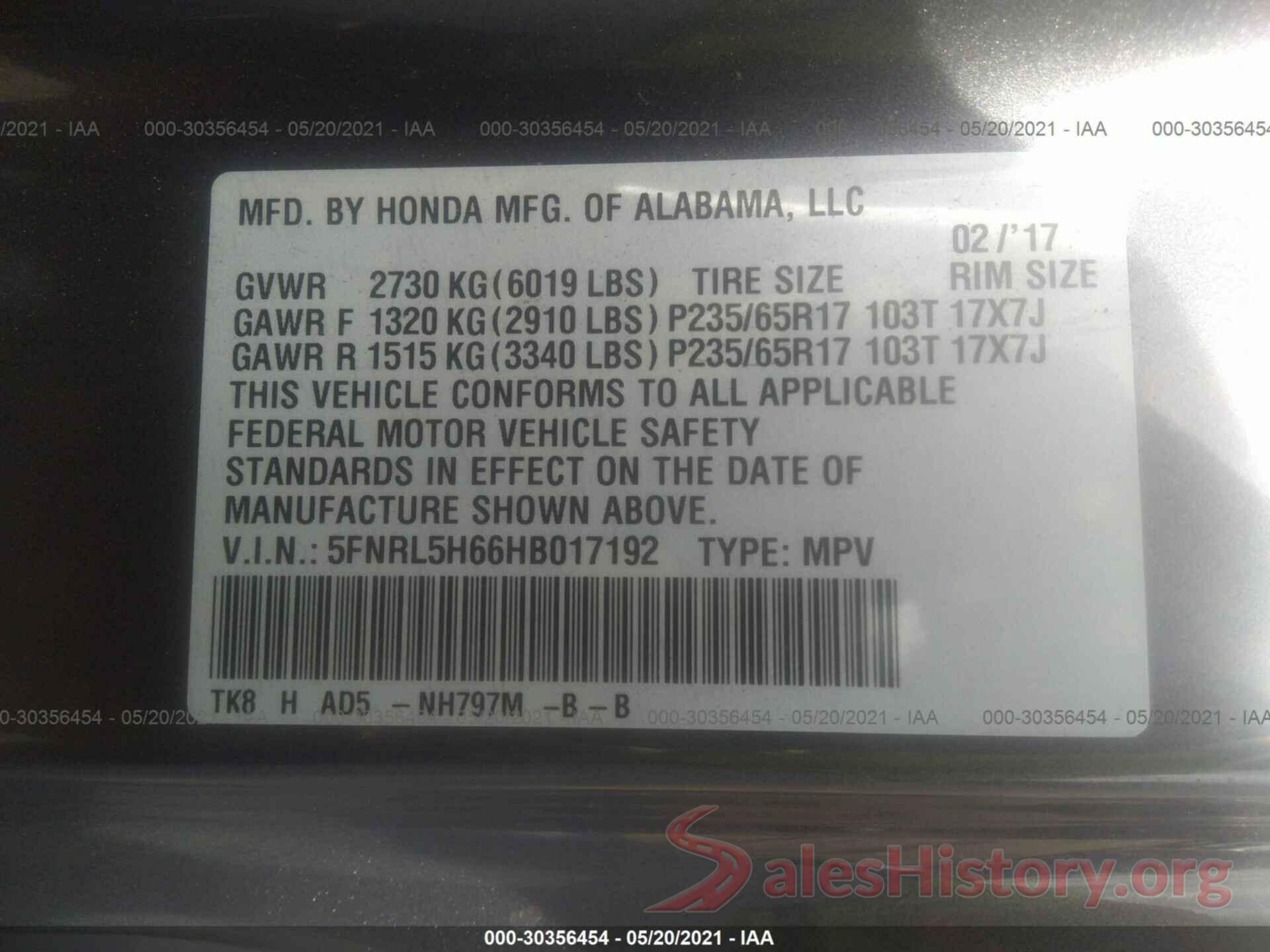 5FNRL5H66HB017192 2017 HONDA ODYSSEY