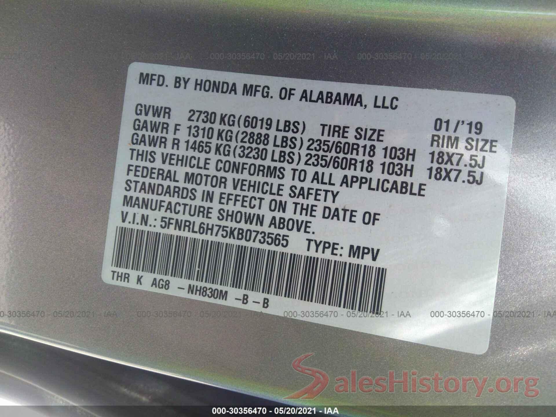 5FNRL6H75KB073565 2019 HONDA ODYSSEY