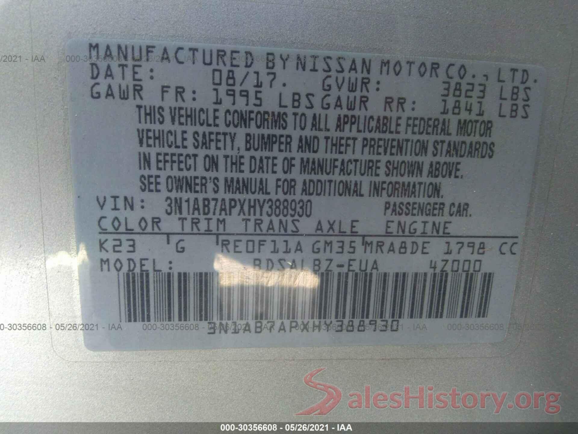 3N1AB7APXHY388930 2017 NISSAN SENTRA