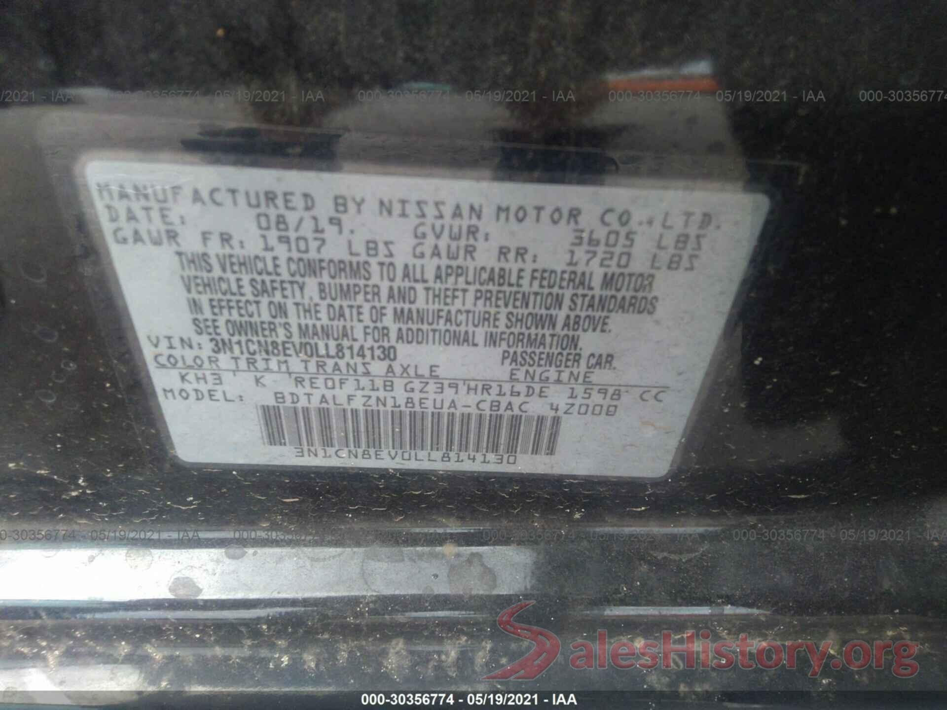 3N1CN8EV0LL814130 2020 NISSAN VERSA