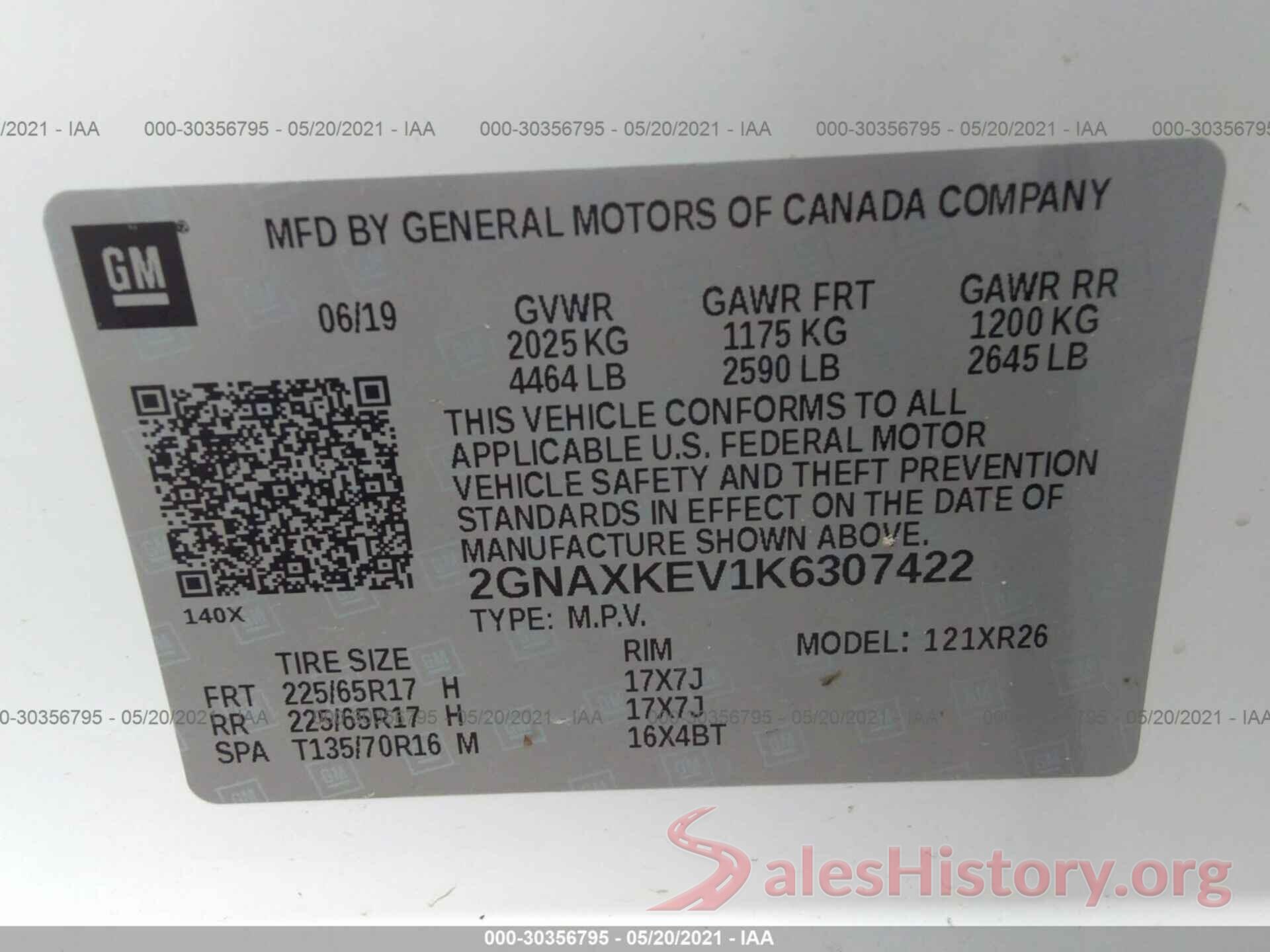 2GNAXKEV1K6307422 2019 CHEVROLET EQUINOX