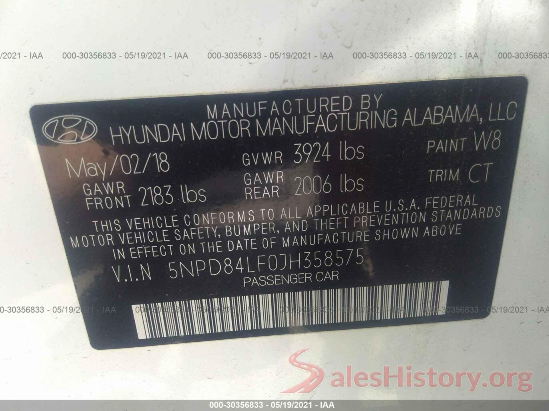 5NPD84LF0JH358575 2018 HYUNDAI ELANTRA