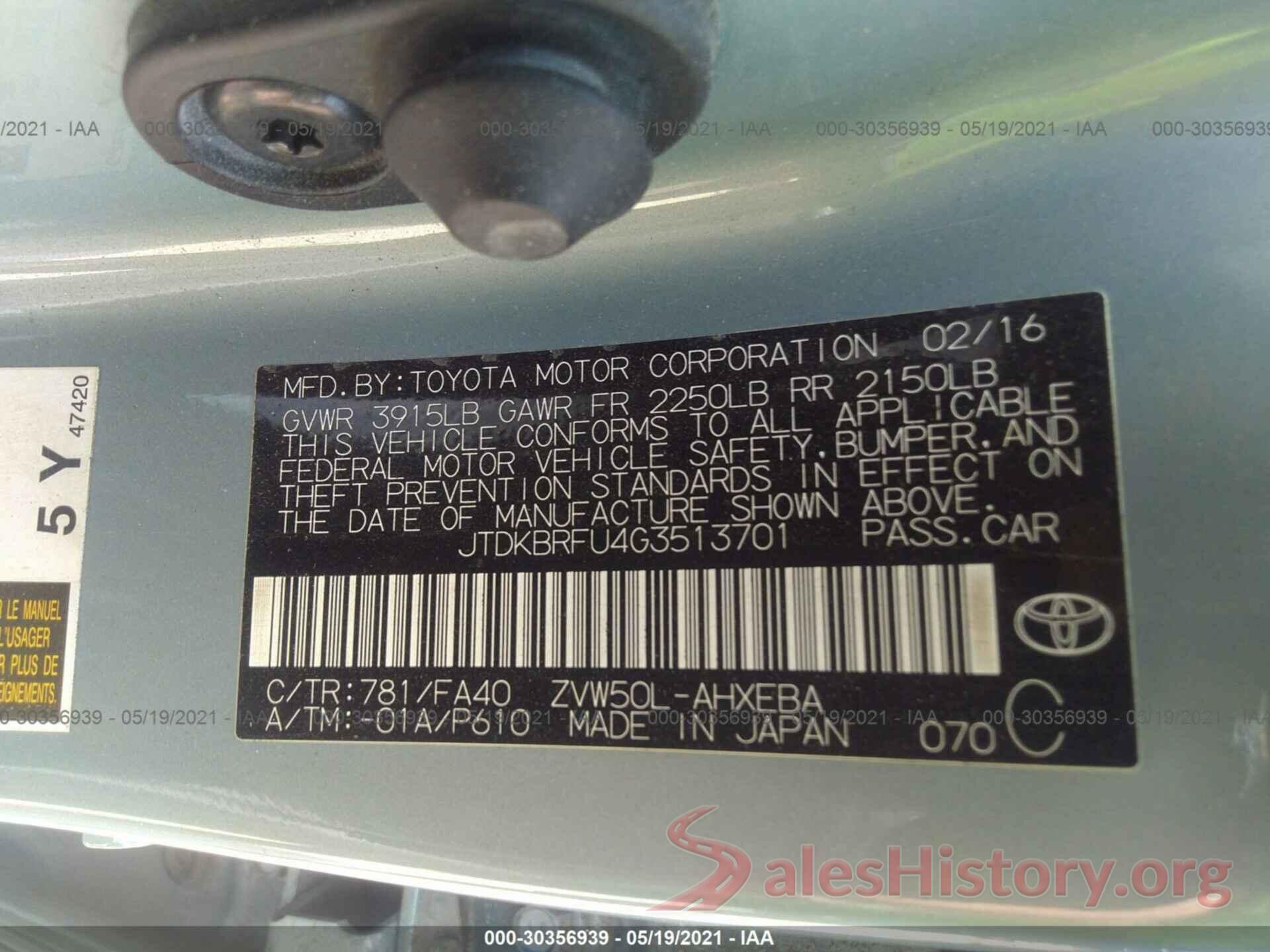 JTDKBRFU4G3513701 2016 TOYOTA PRIUS