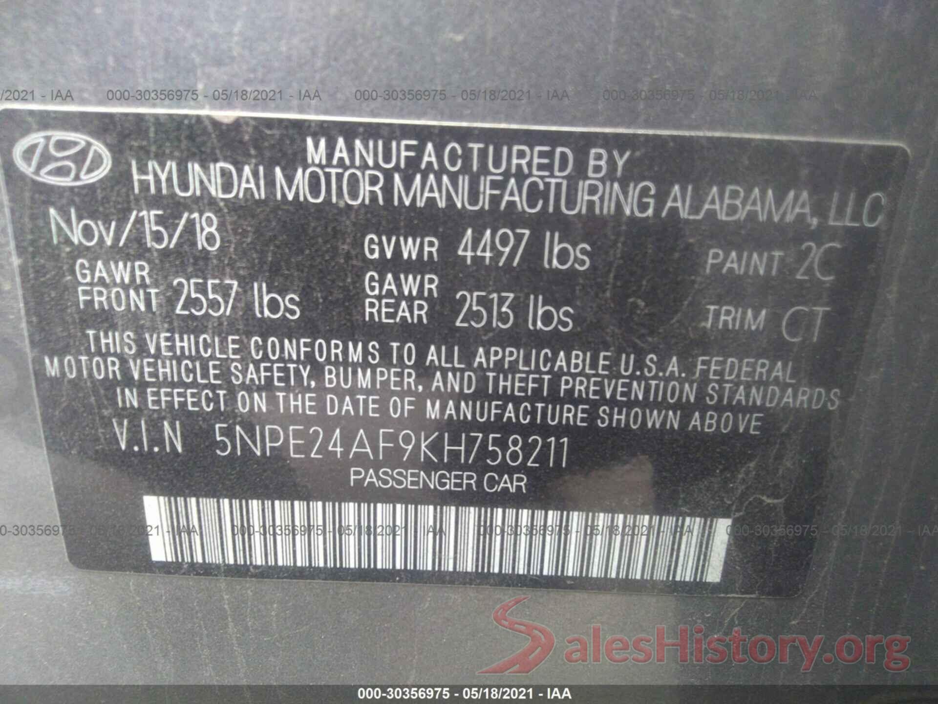 5NPE24AF9KH758211 2019 HYUNDAI SONATA