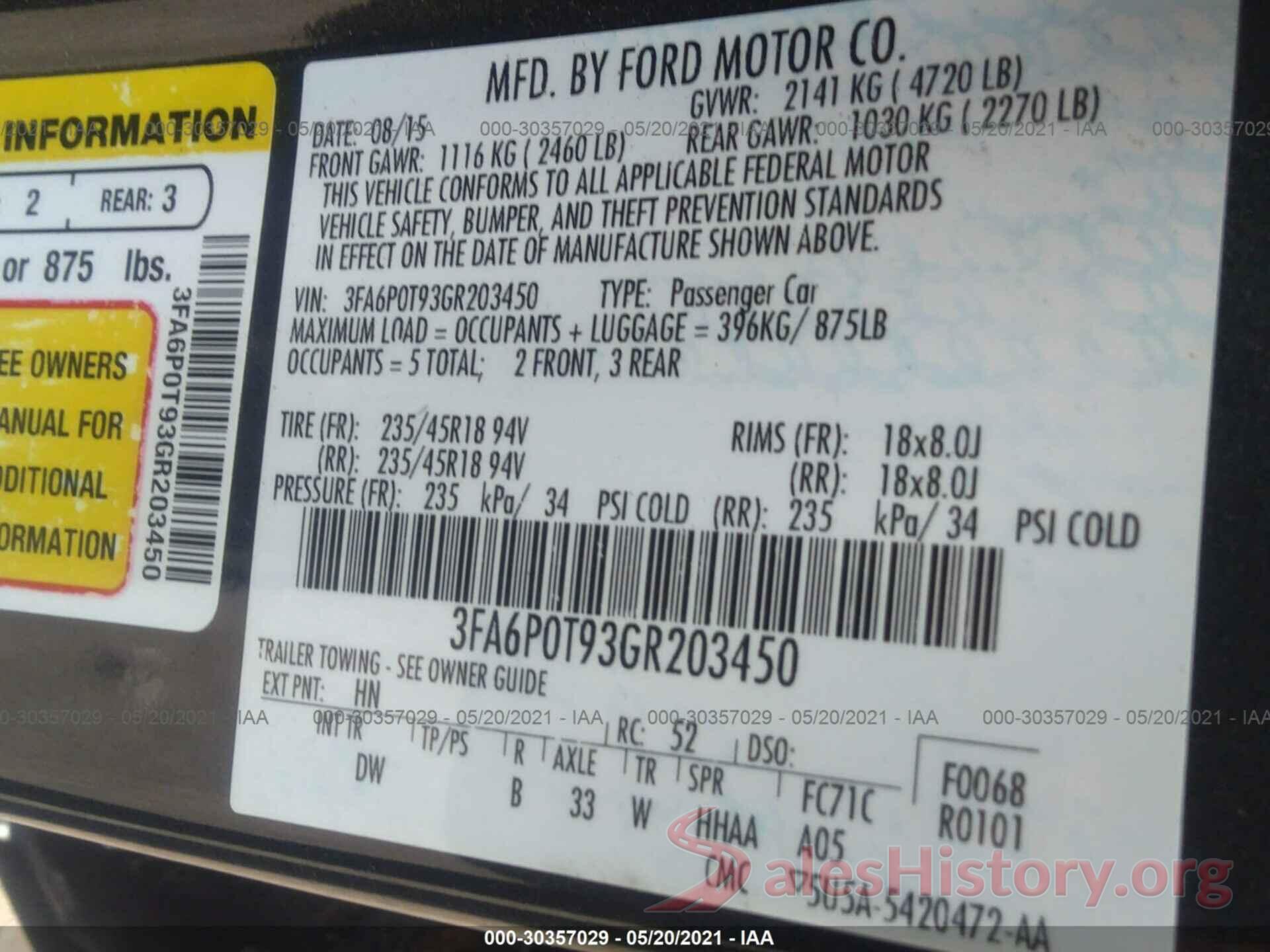 3FA6P0T93GR203450 2016 FORD FUSION