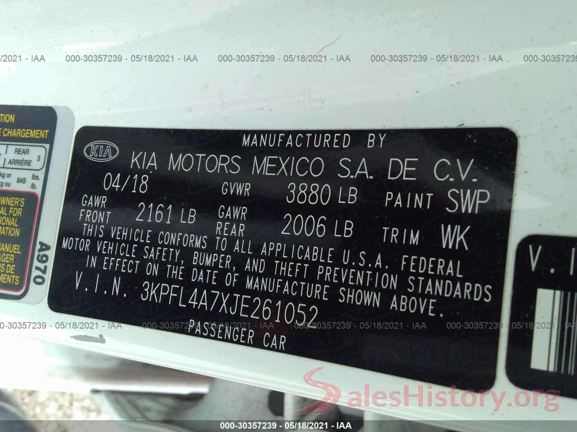 3KPFL4A7XJE261052 2018 KIA FORTE