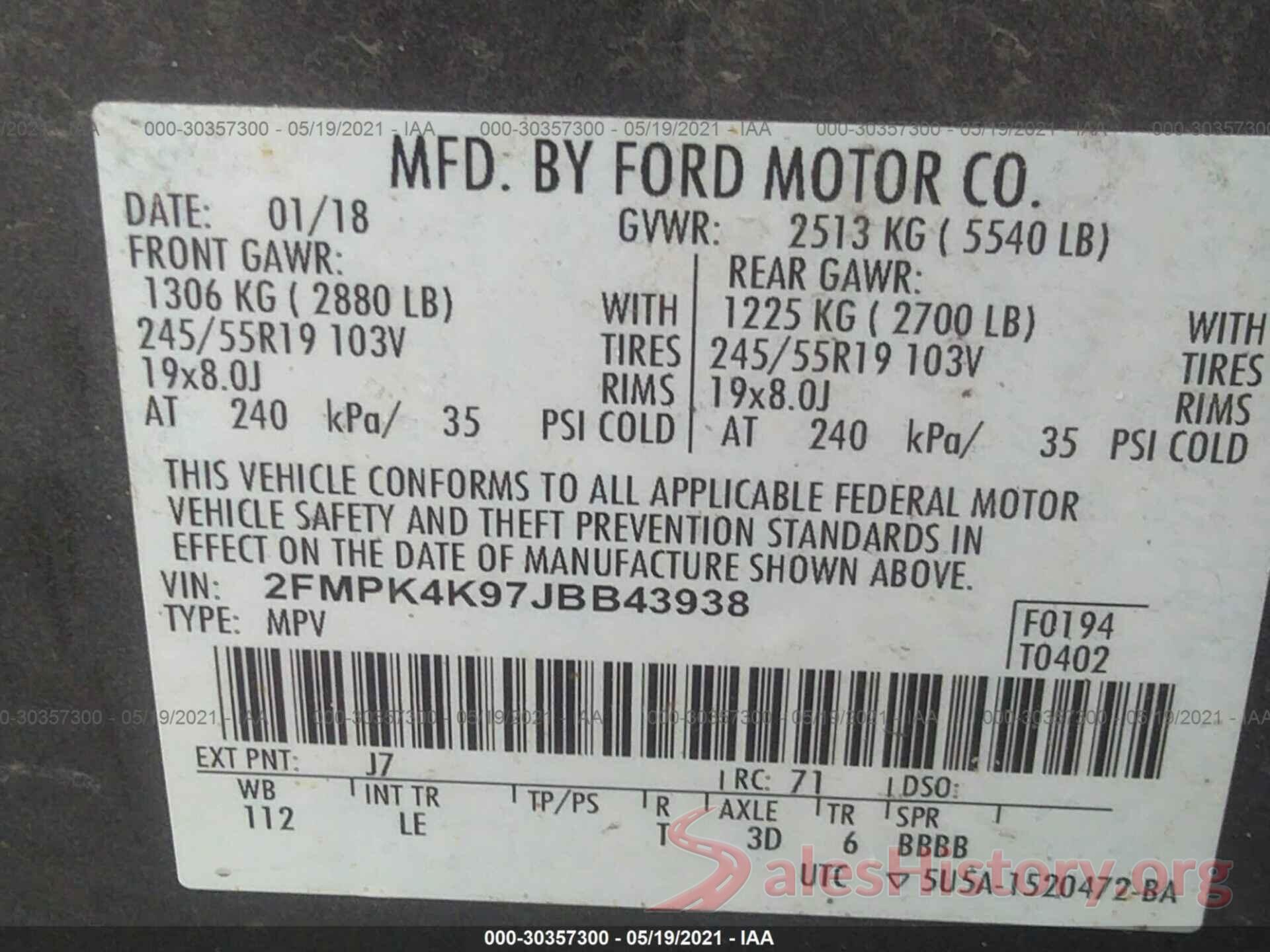 2FMPK4K97JBB43938 2018 FORD EDGE