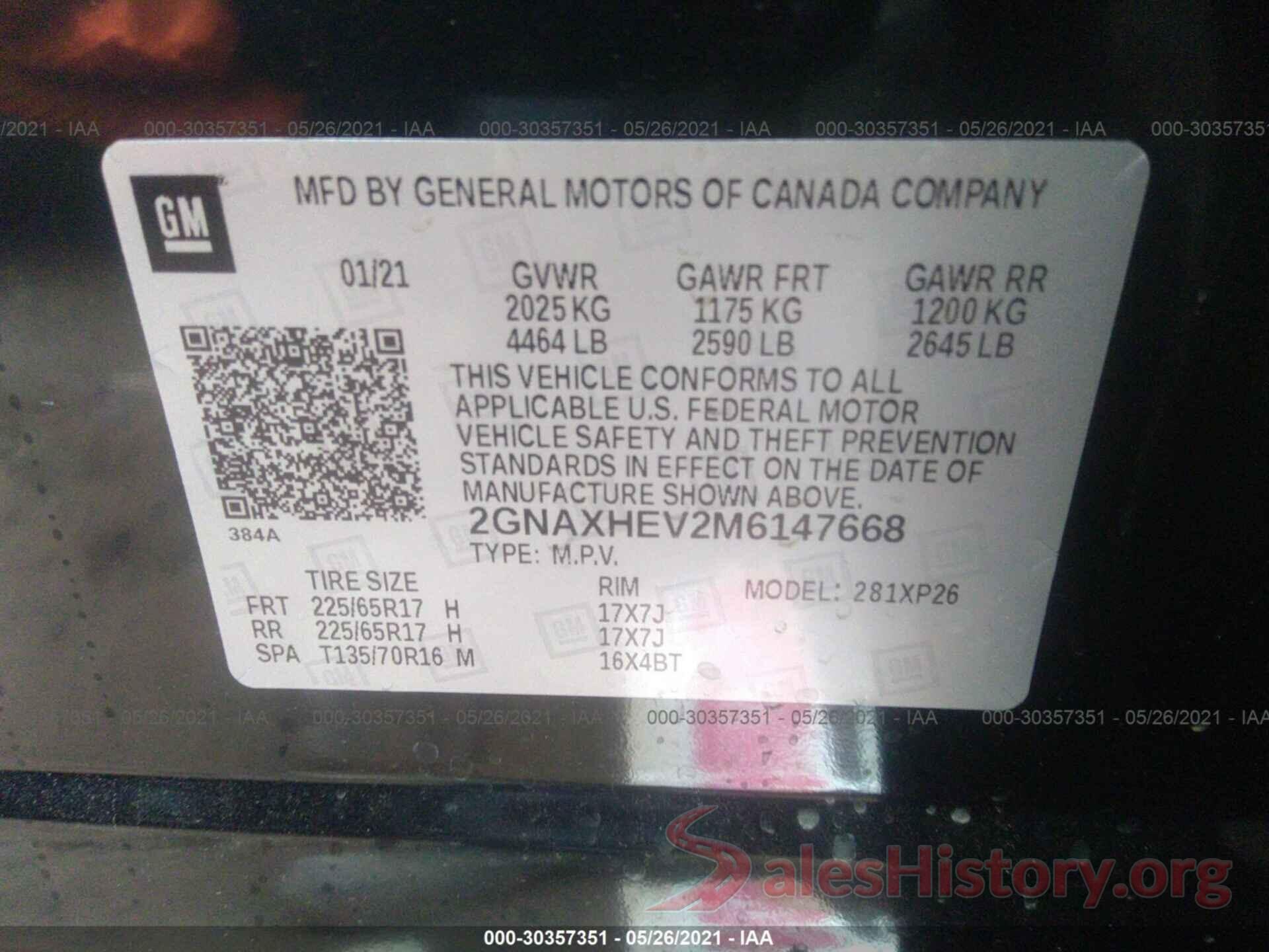 2GNAXHEV2M6147668 2021 CHEVROLET EQUINOX