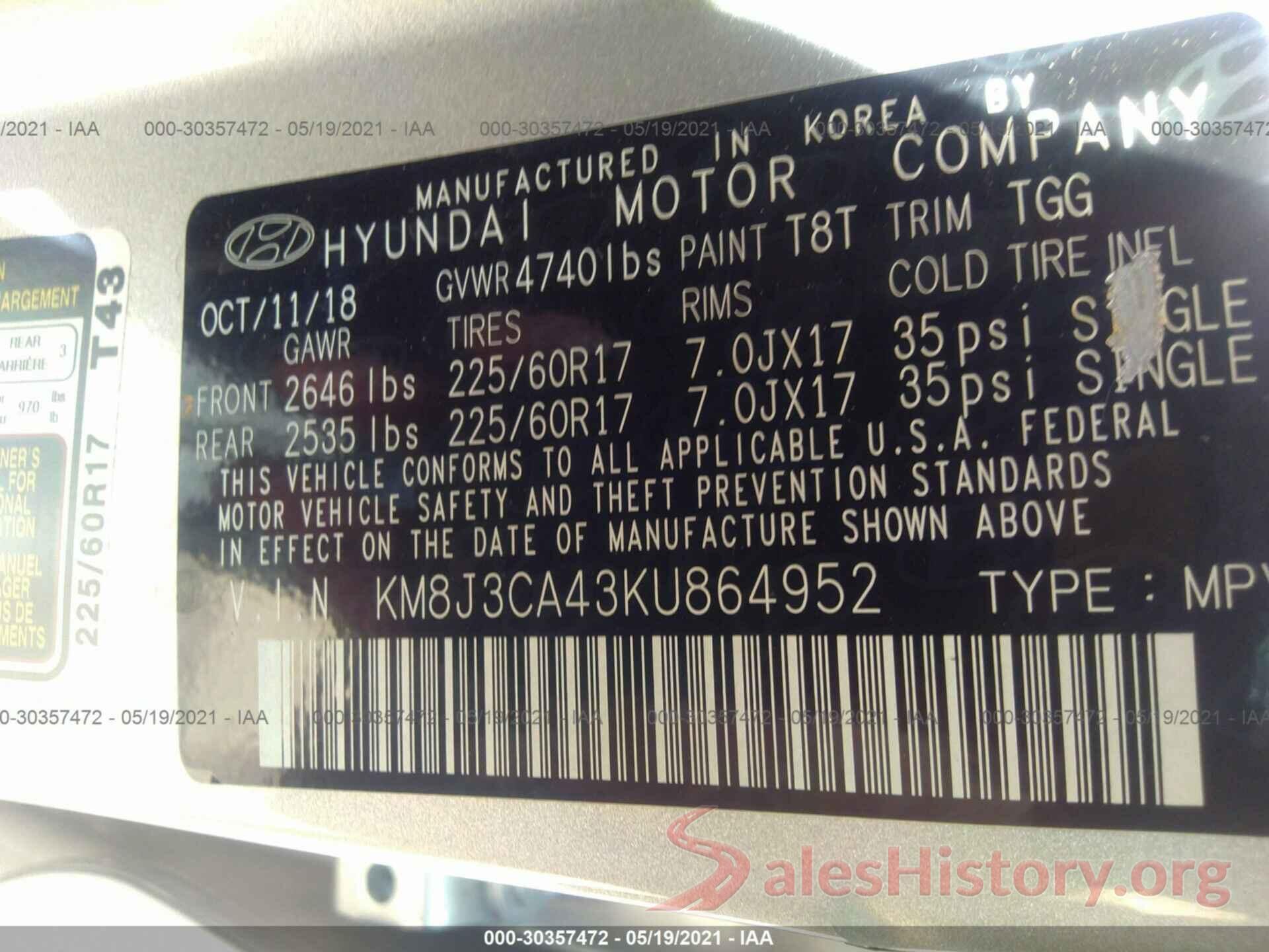 KM8J3CA43KU864952 2019 HYUNDAI TUCSON