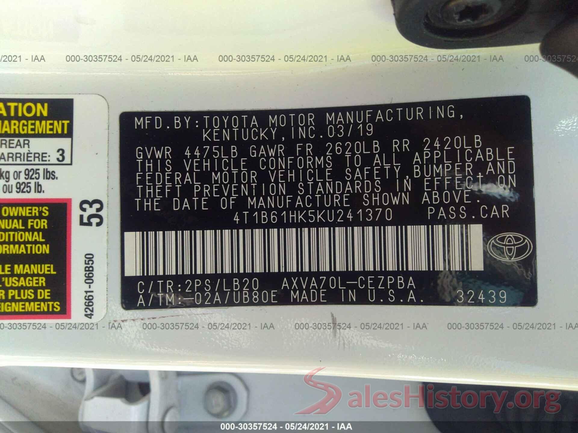 4T1B61HK5KU241370 2019 TOYOTA CAMRY