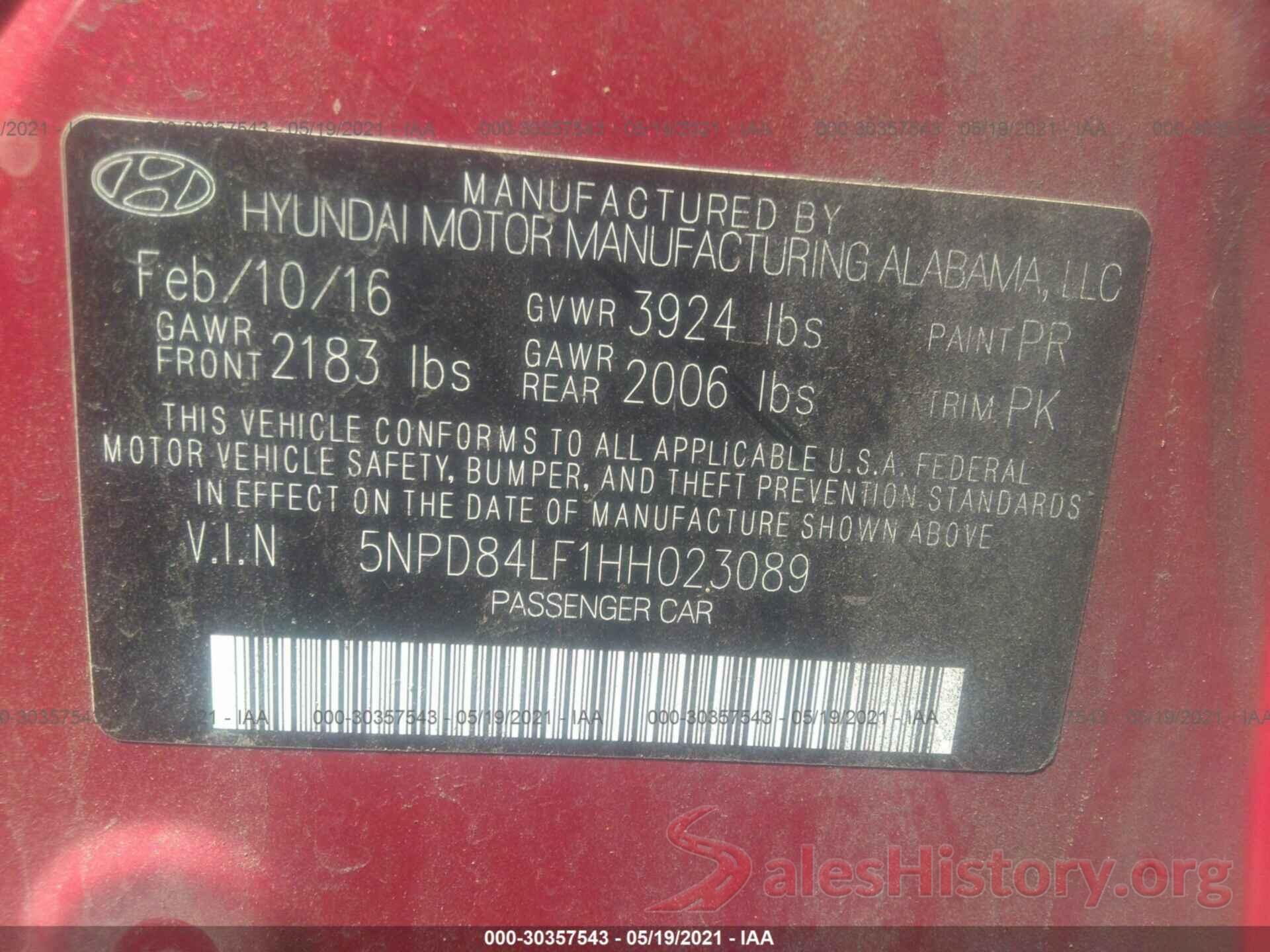 5NPD84LF1HH023089 2017 HYUNDAI ELANTRA