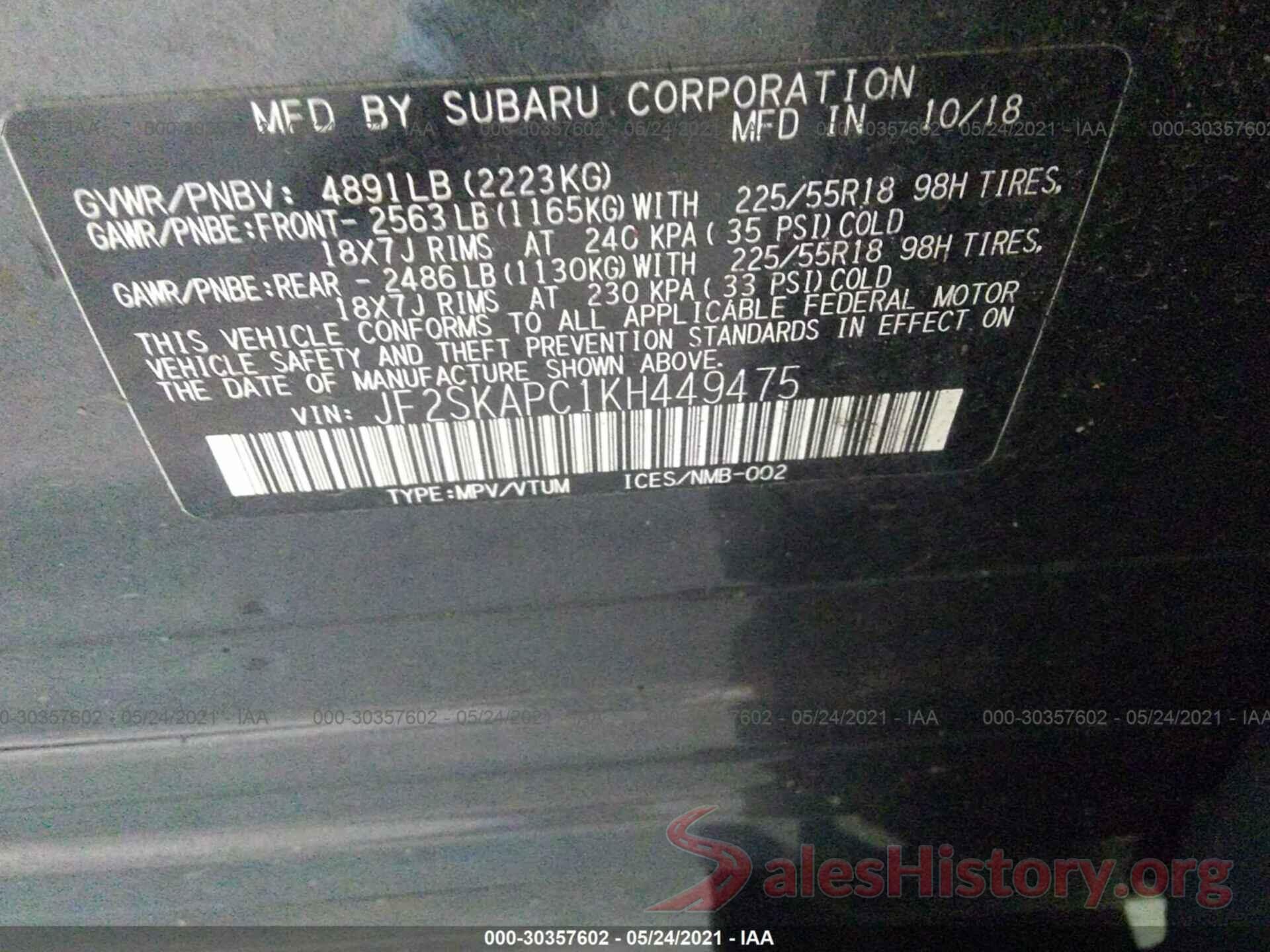 JF2SKAPC1KH449475 2019 SUBARU FORESTER