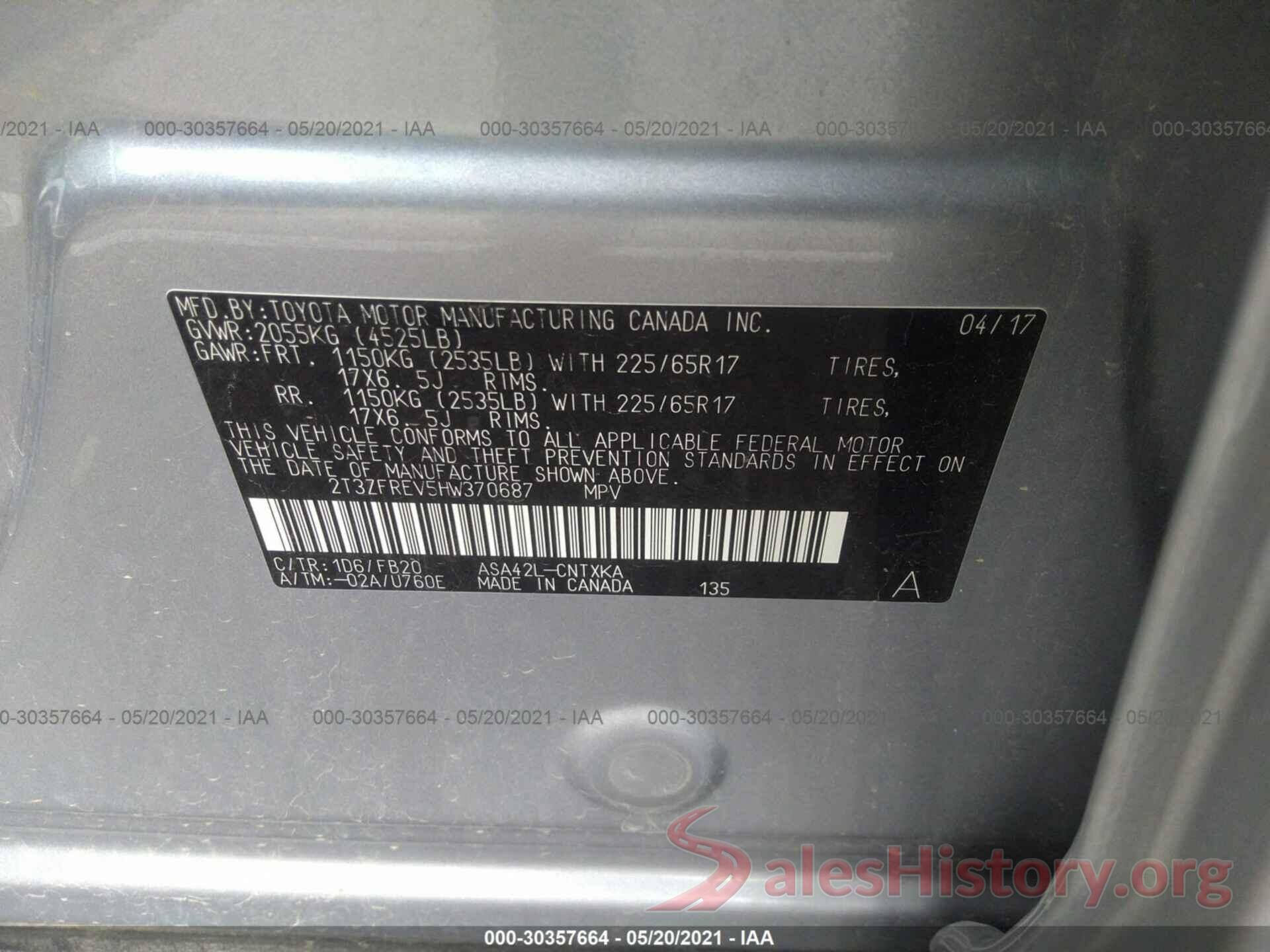 2T3ZFREV5HW370687 2017 TOYOTA RAV4