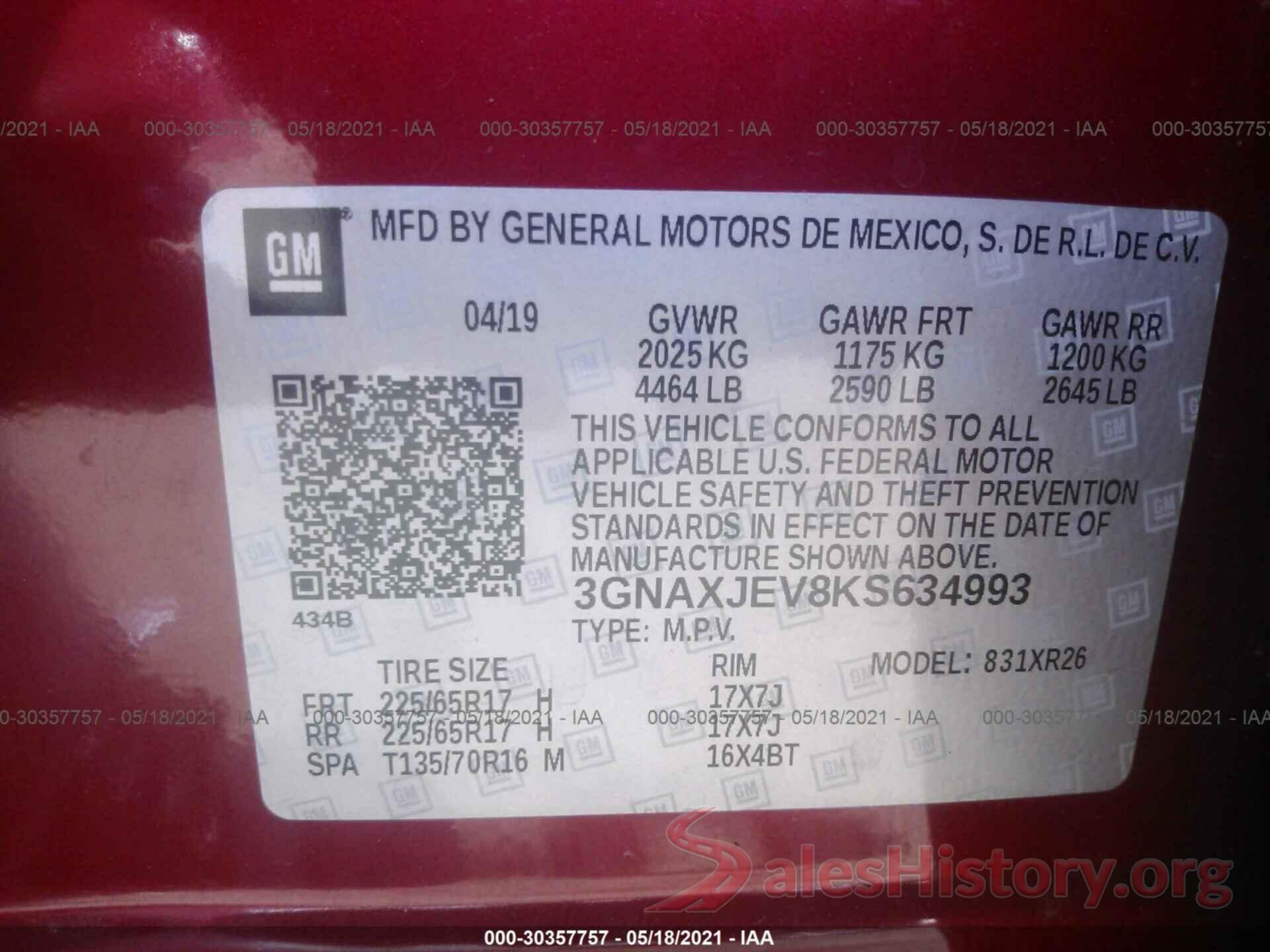 3GNAXJEV8KS634993 2019 CHEVROLET EQUINOX