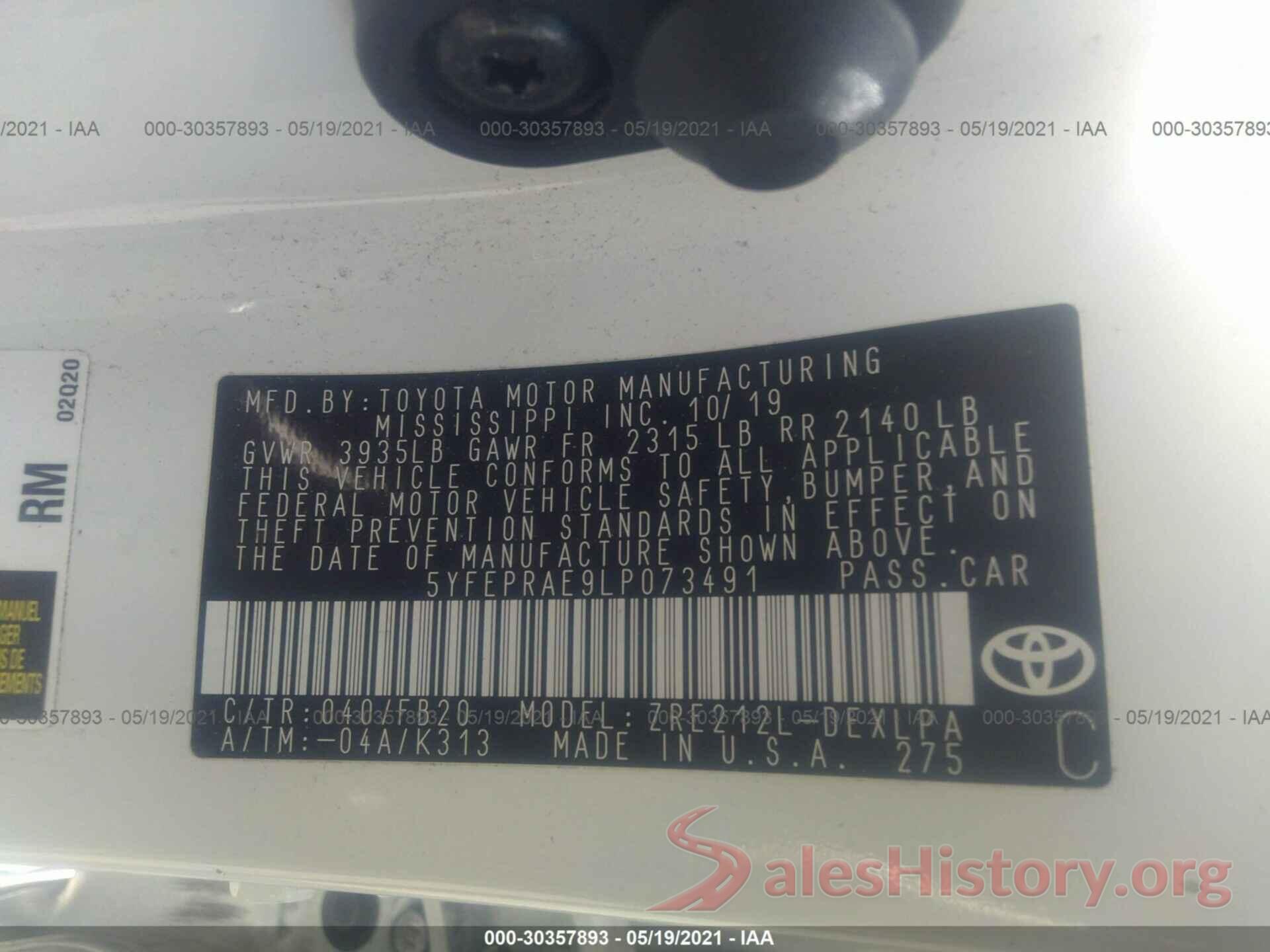 5YFEPRAE9LP073491 2020 TOYOTA COROLLA