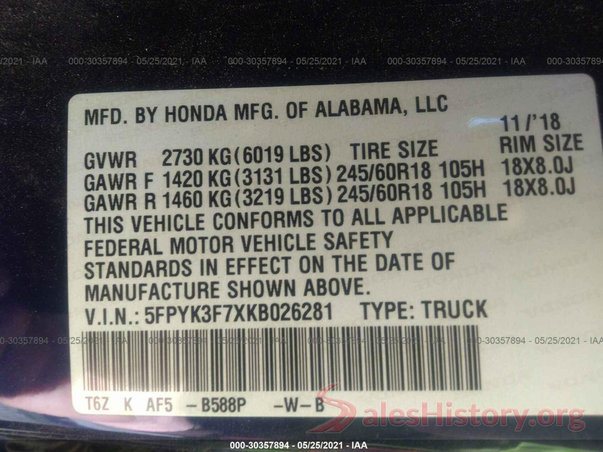 5FPYK3F7XKB026281 2019 HONDA RIDGELINE