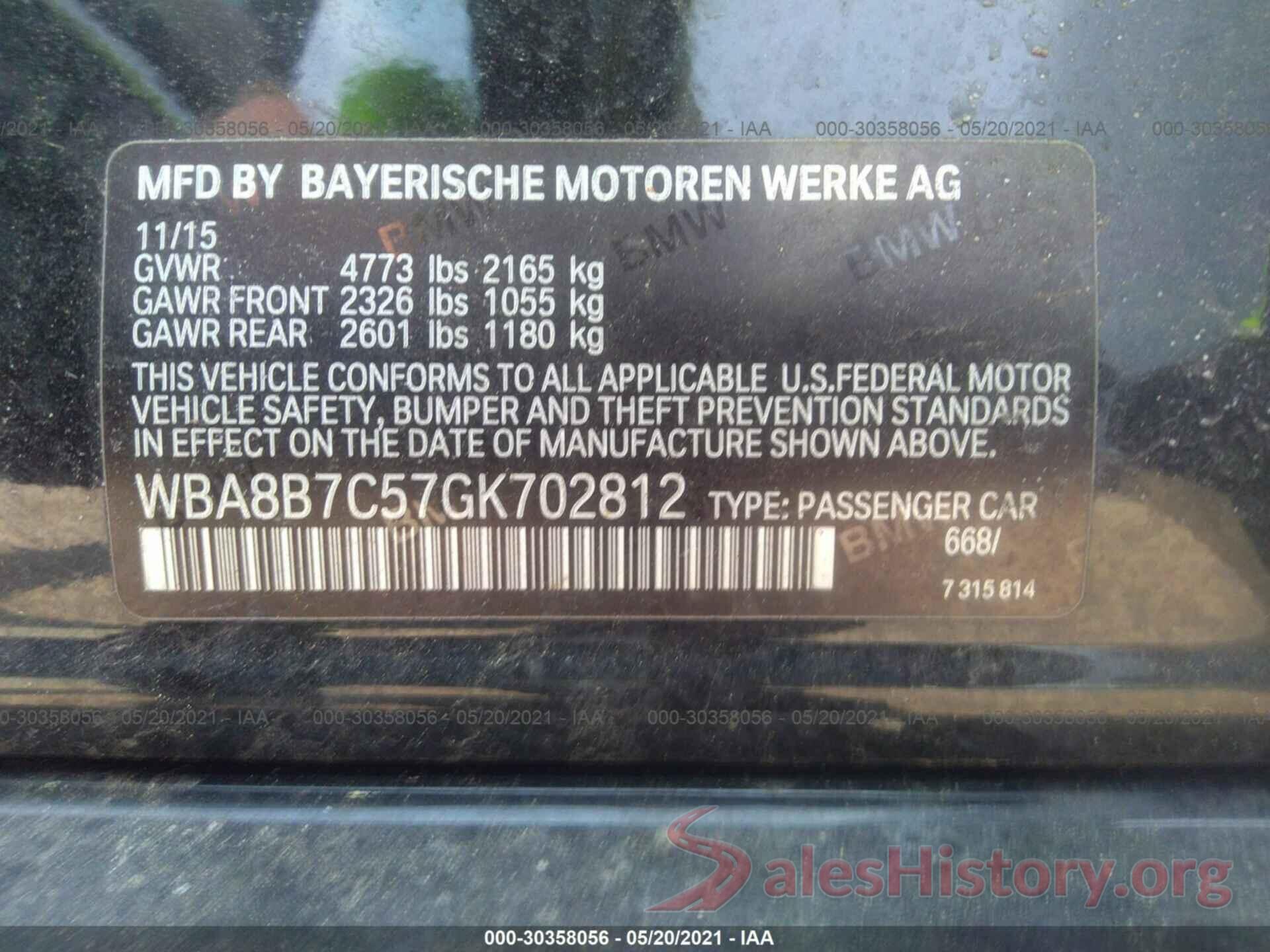 WBA8B7C57GK702812 2016 BMW 3 SERIES