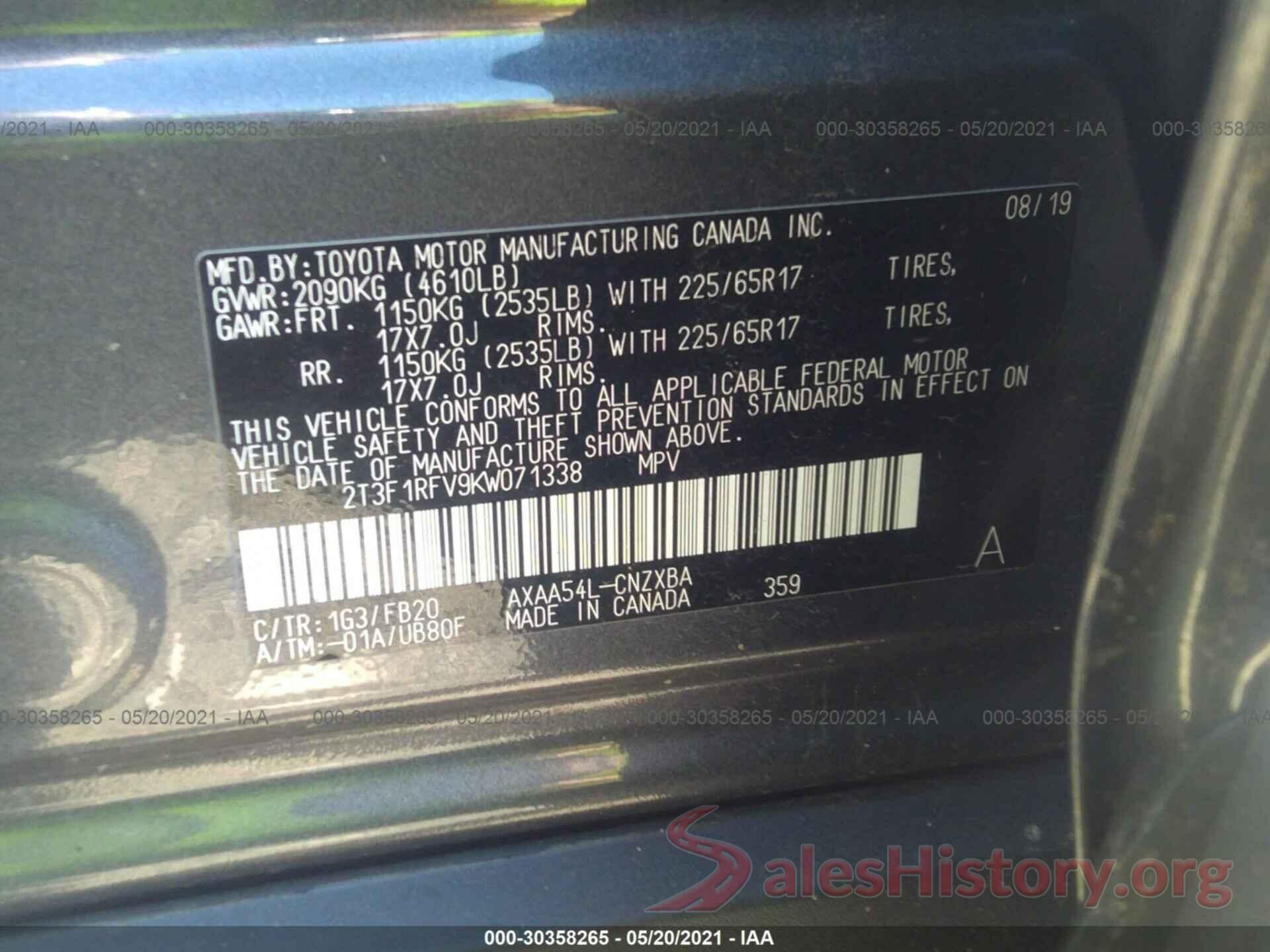 2T3F1RFV9KW071338 2019 TOYOTA RAV4