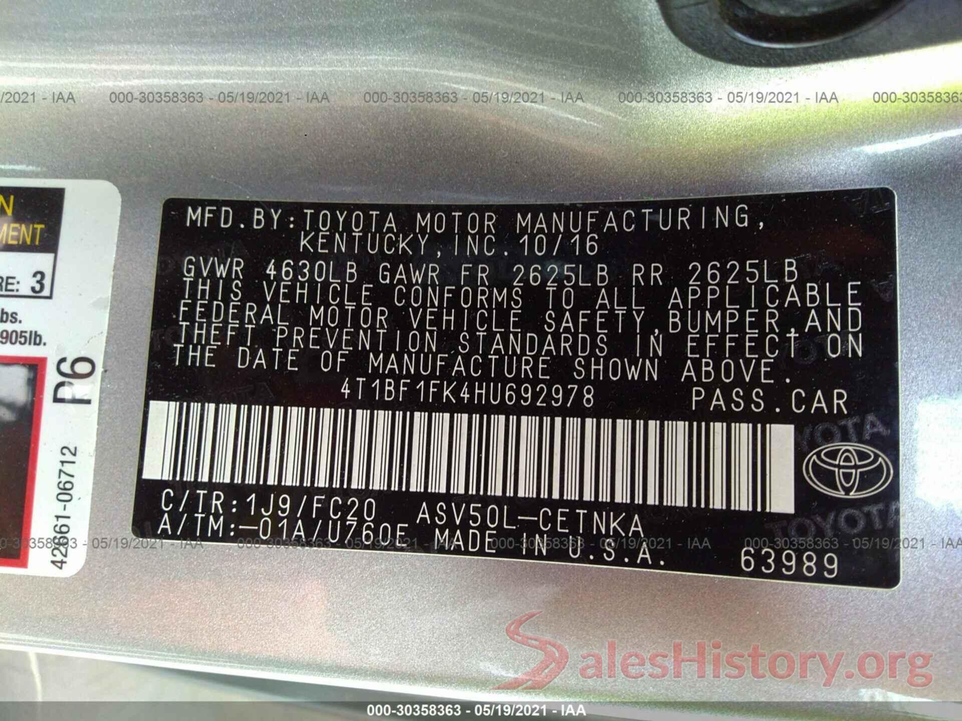 4T1BF1FK4HU692978 2017 TOYOTA CAMRY