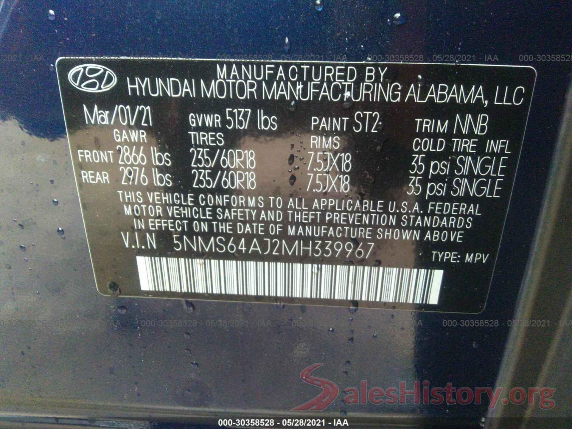 5NMS64AJ2MH339967 2021 HYUNDAI SANTA FE