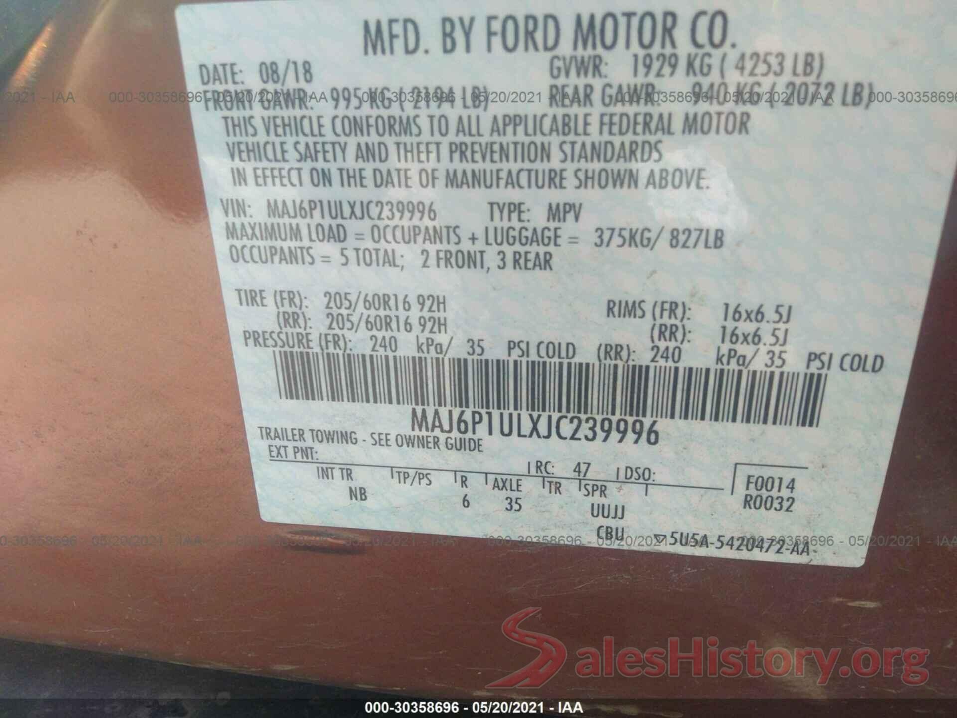 MAJ6P1ULXJC239996 2018 FORD ECOSPORT