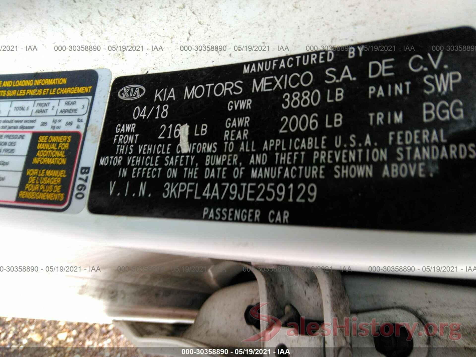 3KPFL4A79JE259129 2018 KIA FORTE