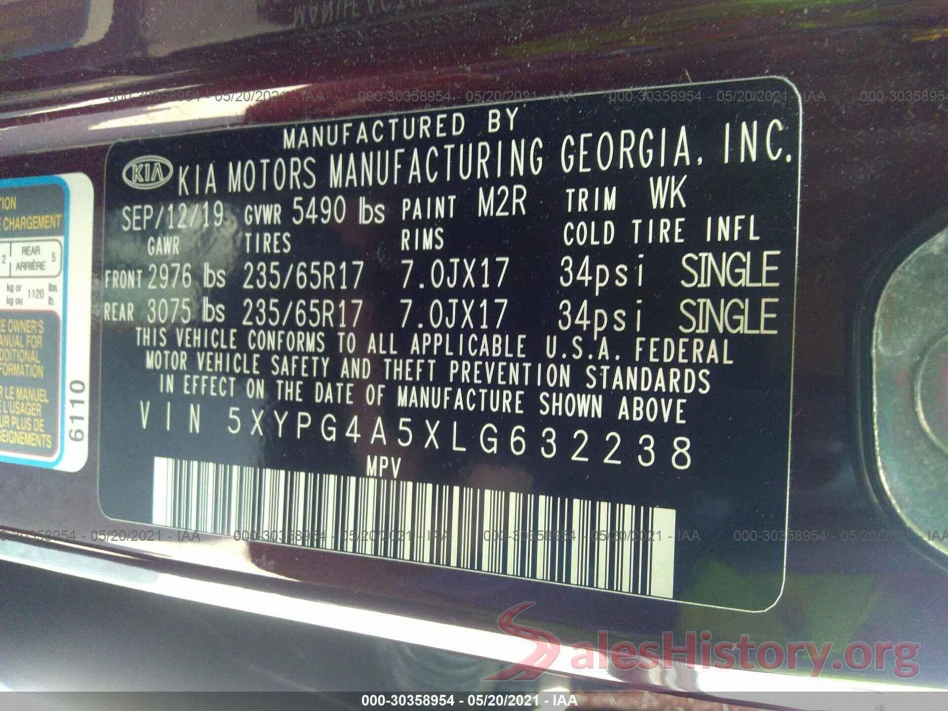 5XYPG4A5XLG632238 2020 KIA SORENTO